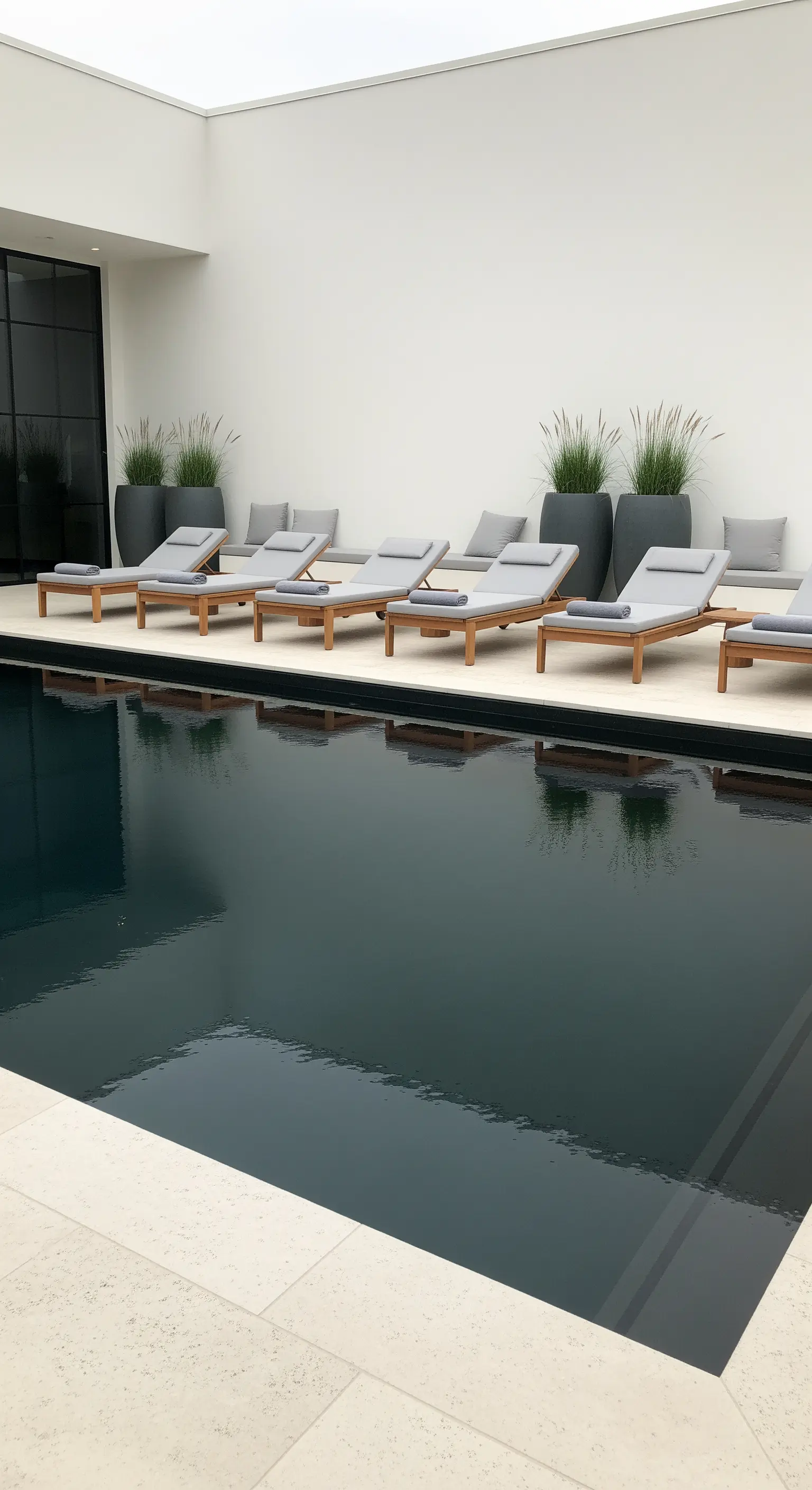 Minimalistischer Poolbereich mit symmetrisch angeordneten Holzliegen, grauen Polstern und Pflanzkübeln