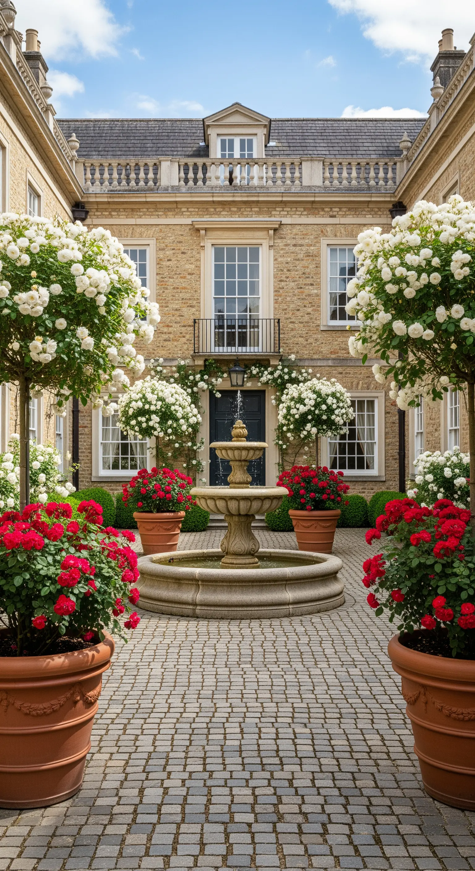 Eleganter Innenhof mit Springbrunnen und symmetrisch angeordneten Rosen in Kübeln