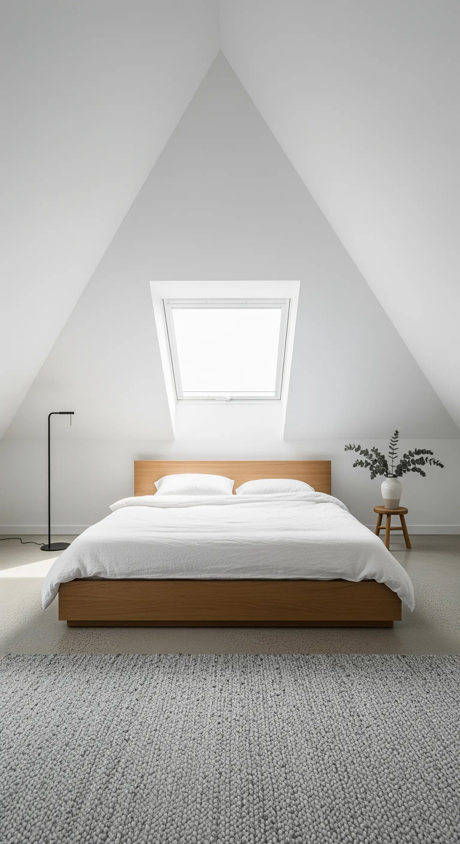 Minimalistisches Schlafzimmer mit niedrigem Holzbett unter einem Dachfenster und grauem Teppich.