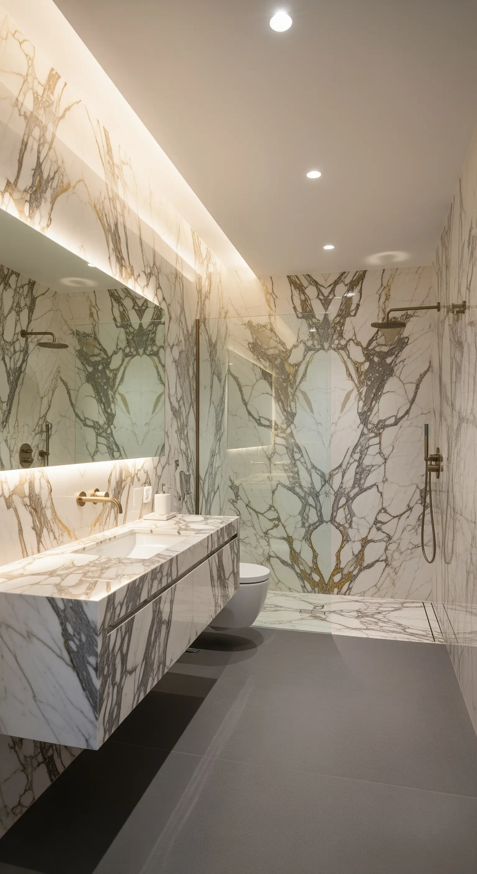 Luxuriöses Badezimmer mit gespiegelten, großformatigen weißen Marmorplatten an den Wänden.