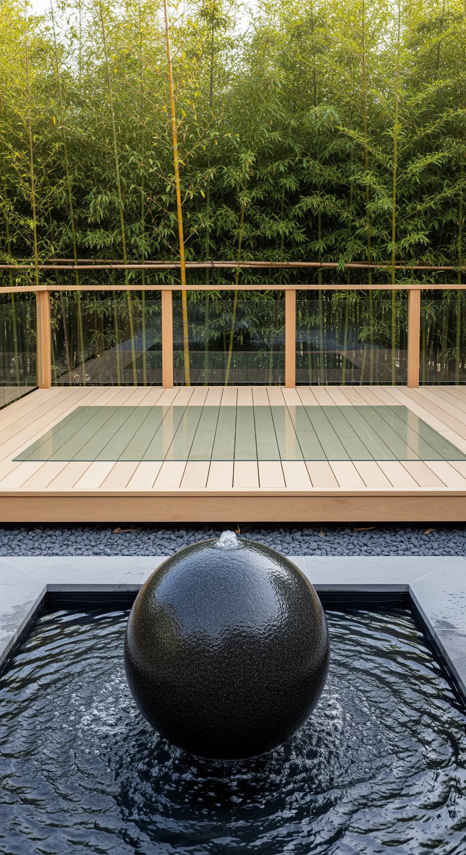 Moderner Kugelbrunnen vor einer dichten Bambuswand auf einer Holzterrasse.