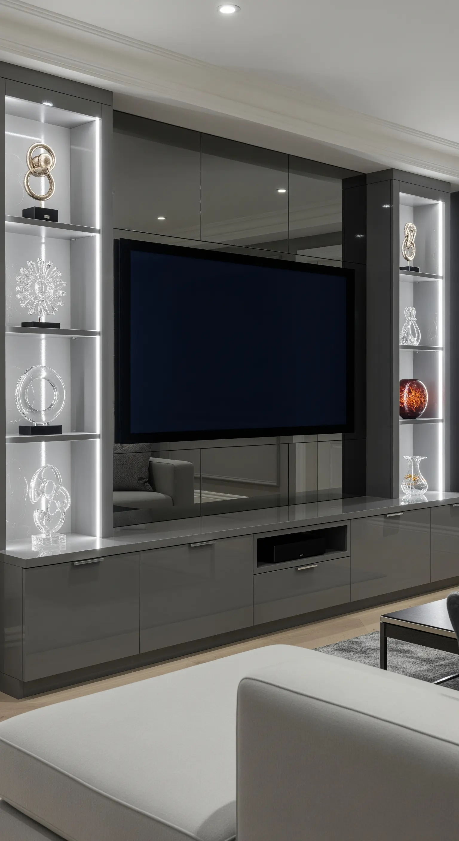 Moderne TV-Wand in Hochglanz-Grau mit integrierten Rauchglasspiegeln und LED-Licht.