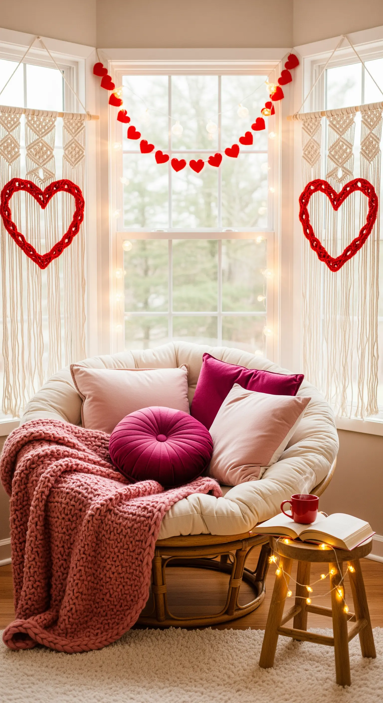 Gemütlicher Papasan-Sessel am Fenster mit rosa Kissen, Decke und Herz-Girlande.
