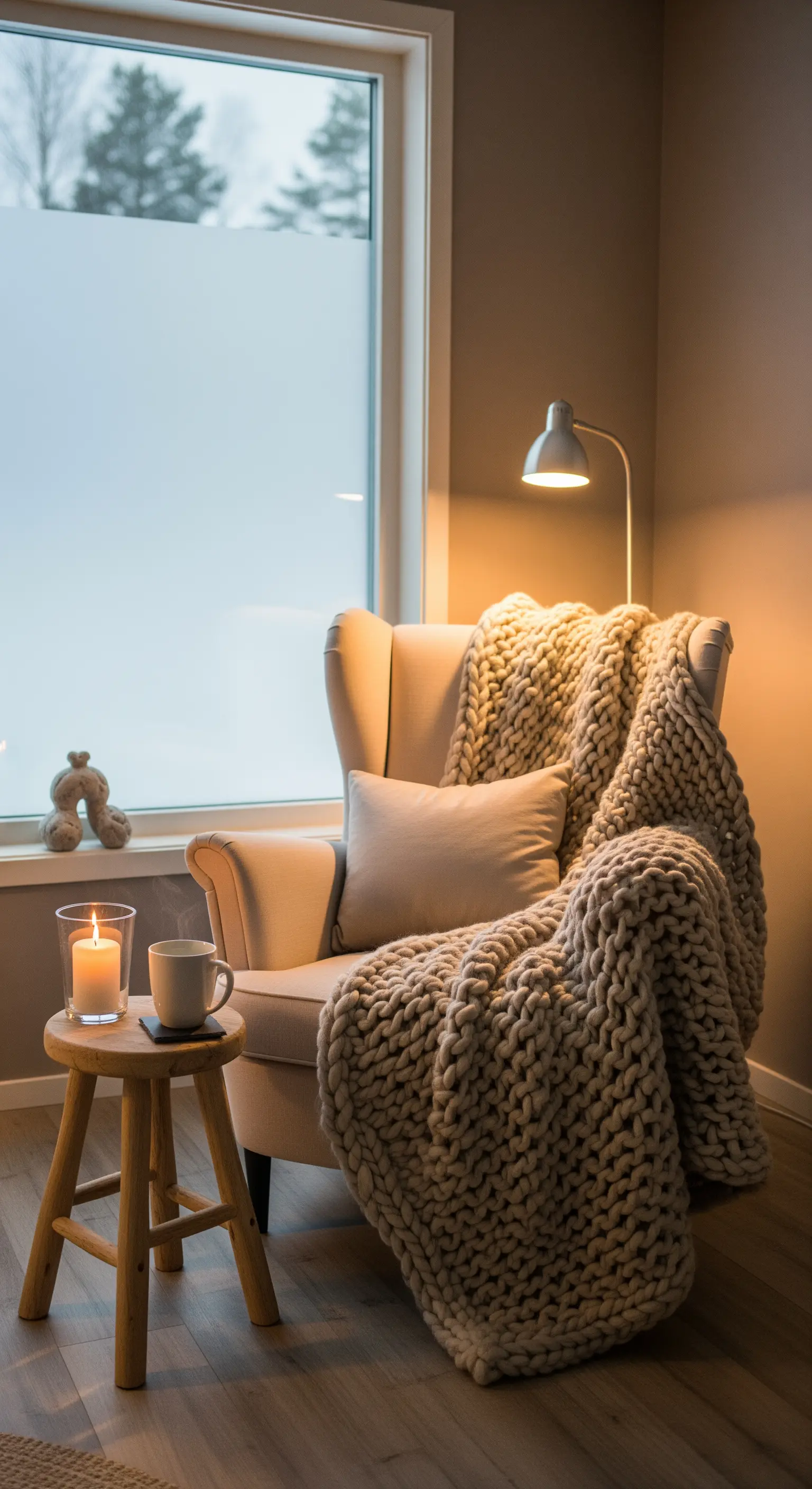 Gemütlicher Sessel mit Grobstrickdecke, Kerze und Leselampe in einer Ecke.