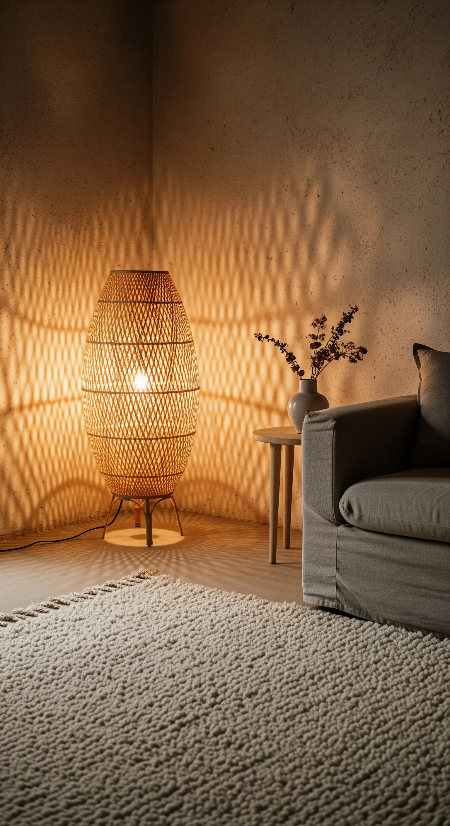 Eine große Stehlampe aus geflochtenem Rattan wirft ein warmes Licht und organische Schatten an die Wand.