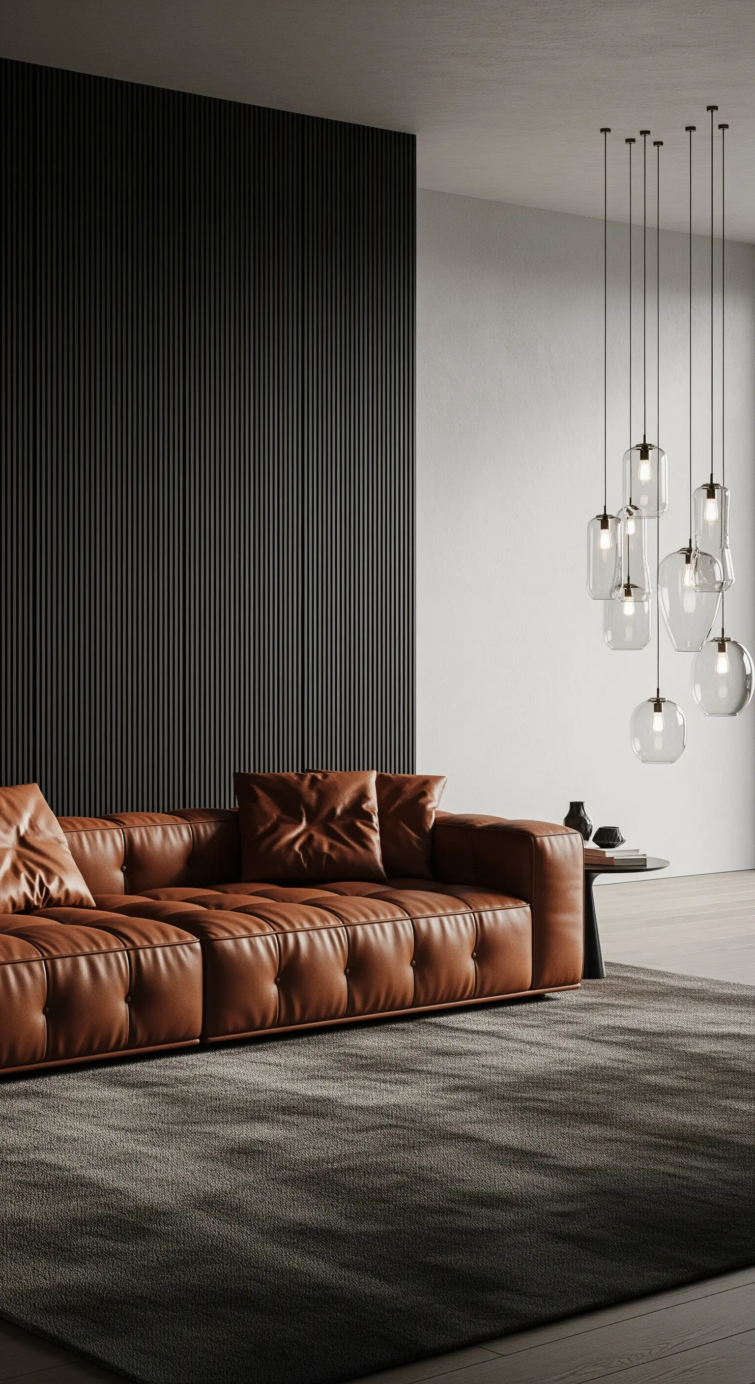 Modernes Wohnzimmer mit schwarzer Lamellenwand, einem Ledersofa in Cognac und Glaspendelleuchten.