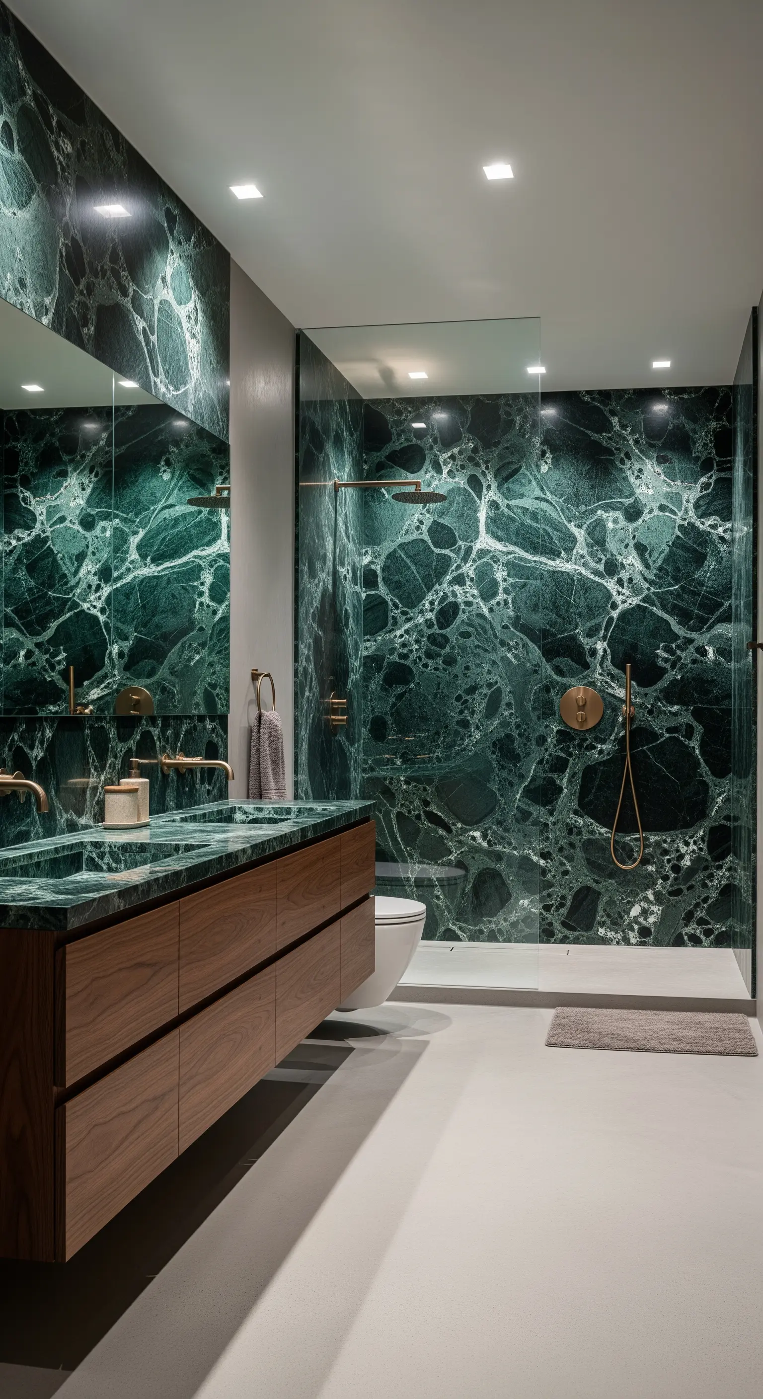 Luxuriöses Badezimmer mit dunkelgrünem Marmor und einem Waschtisch aus Nussbaumholz.