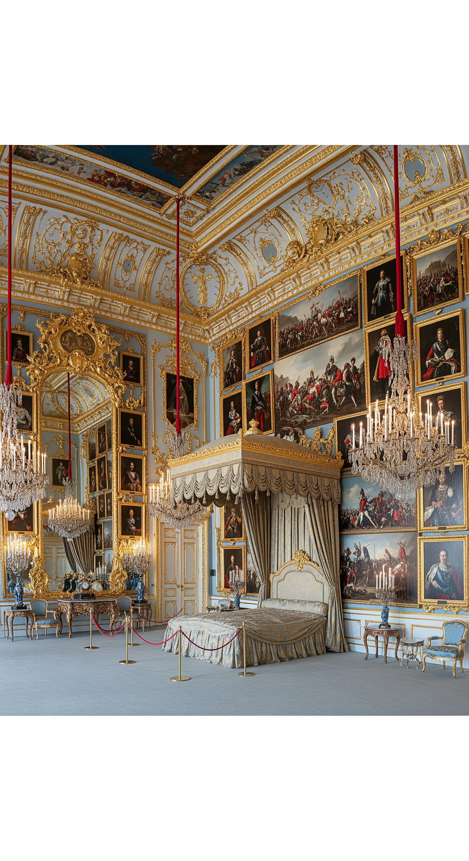 Prunkvolles Palast-Schlafzimmer, dessen Wände vollständig mit Gemälden bedeckt sind.