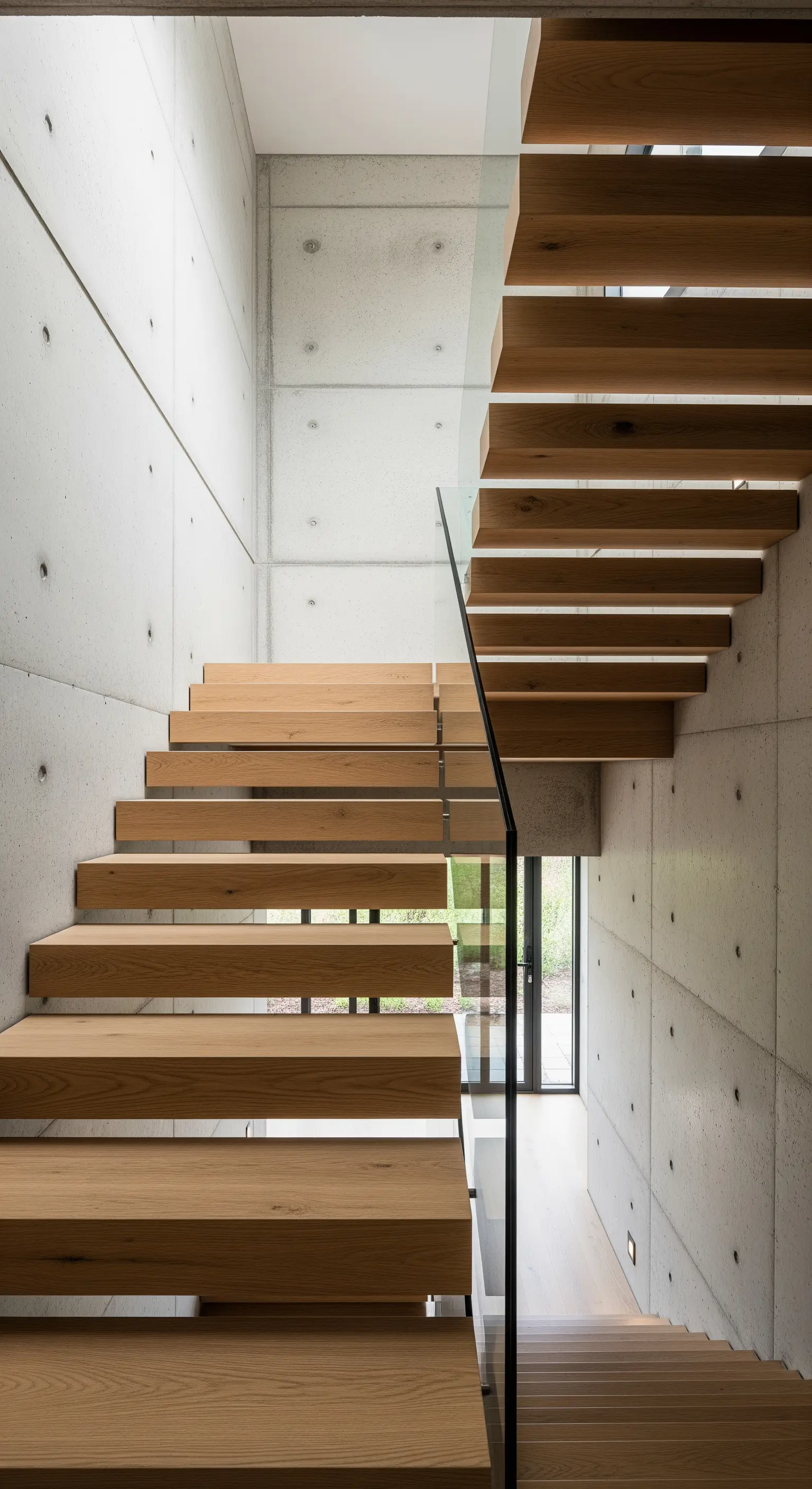 Freitragende Holztreppe, die aus einer hohen Sichtbetonwand herausragt.