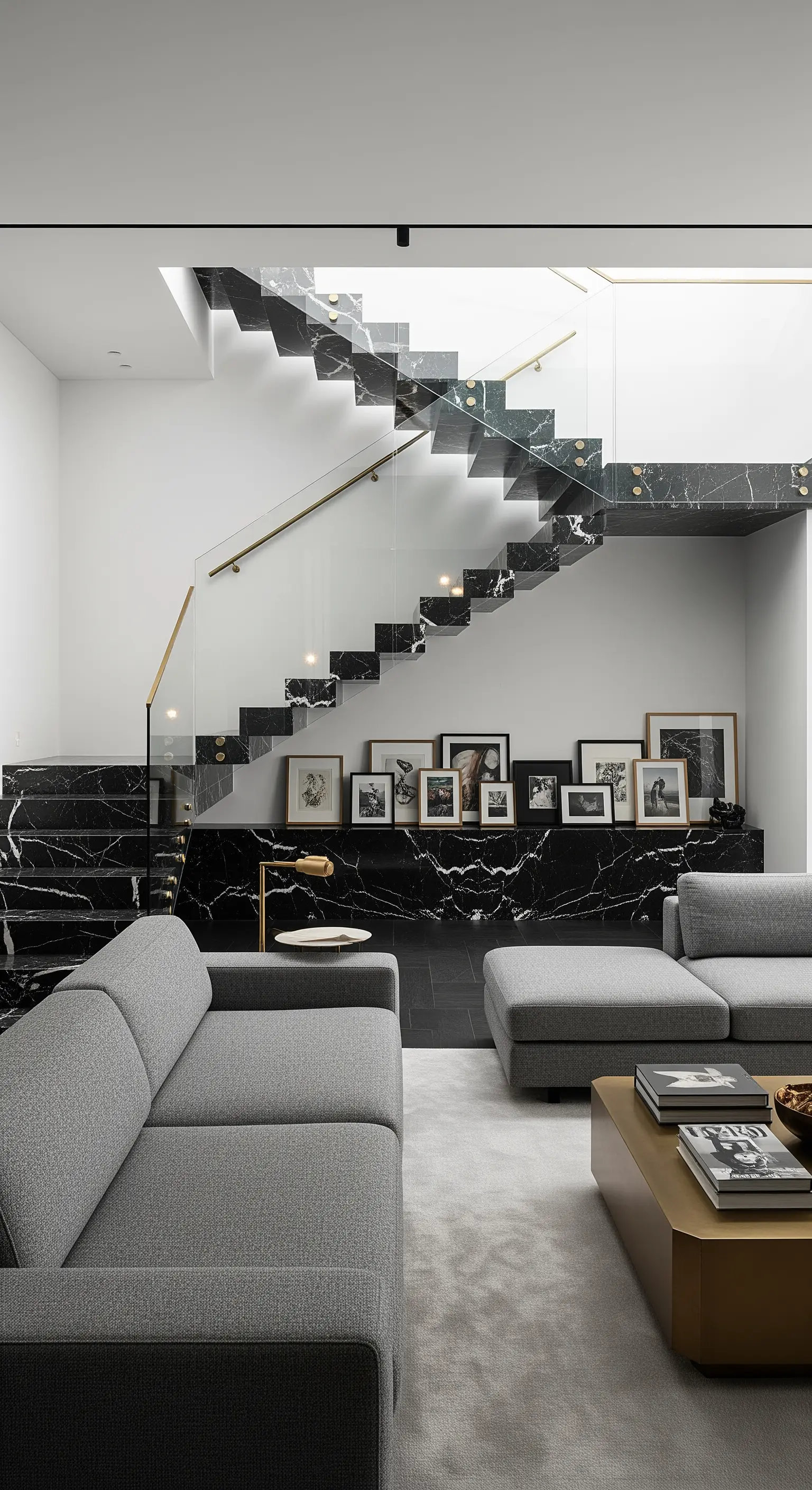 Skulpturale, freitragende Treppe aus schwarzem Marmor mit Glasgeländer.