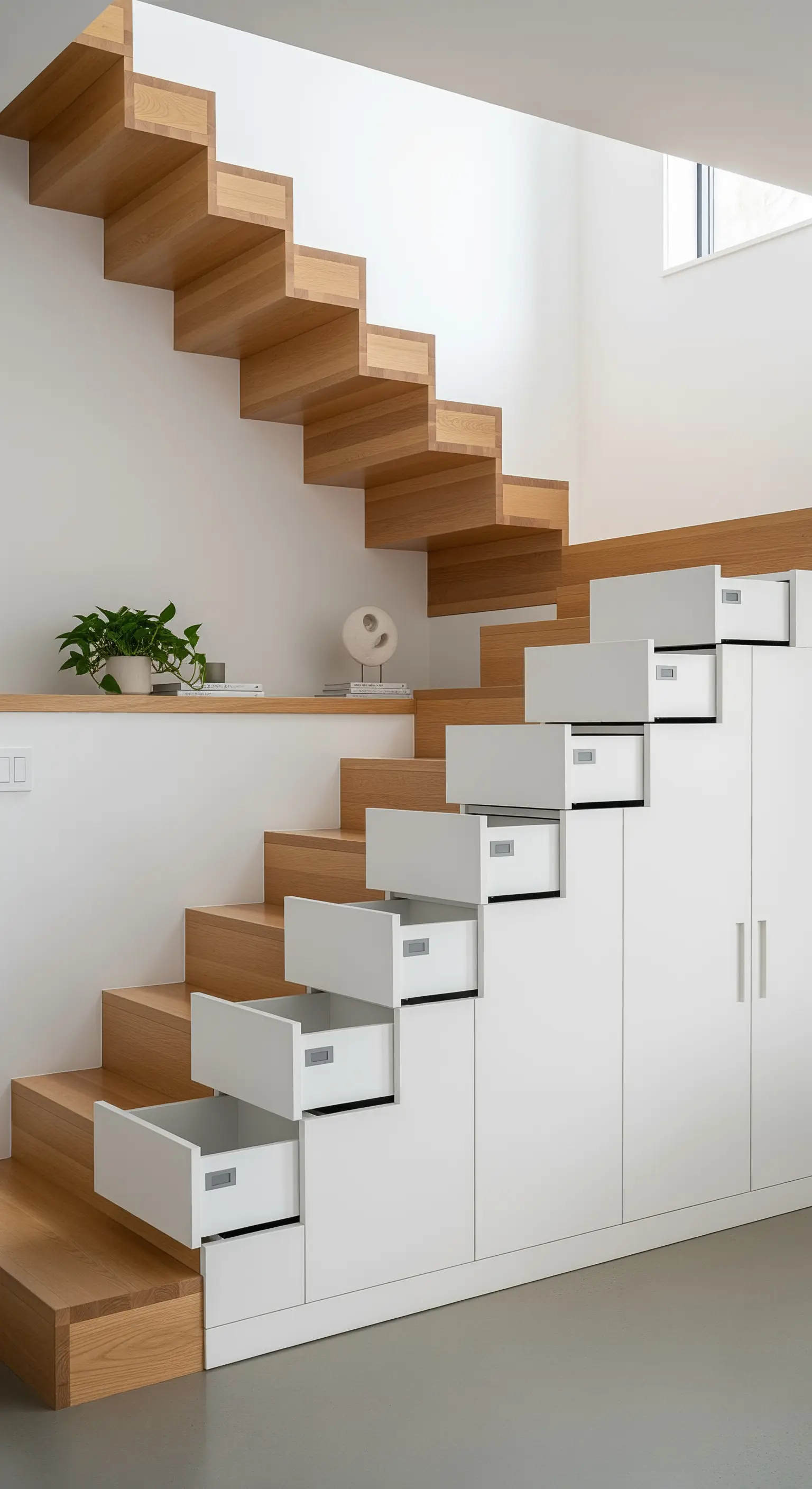 Weiße Einbauschränke und Schubladen, die in den Raum unter einer Holztreppe integriert sind.