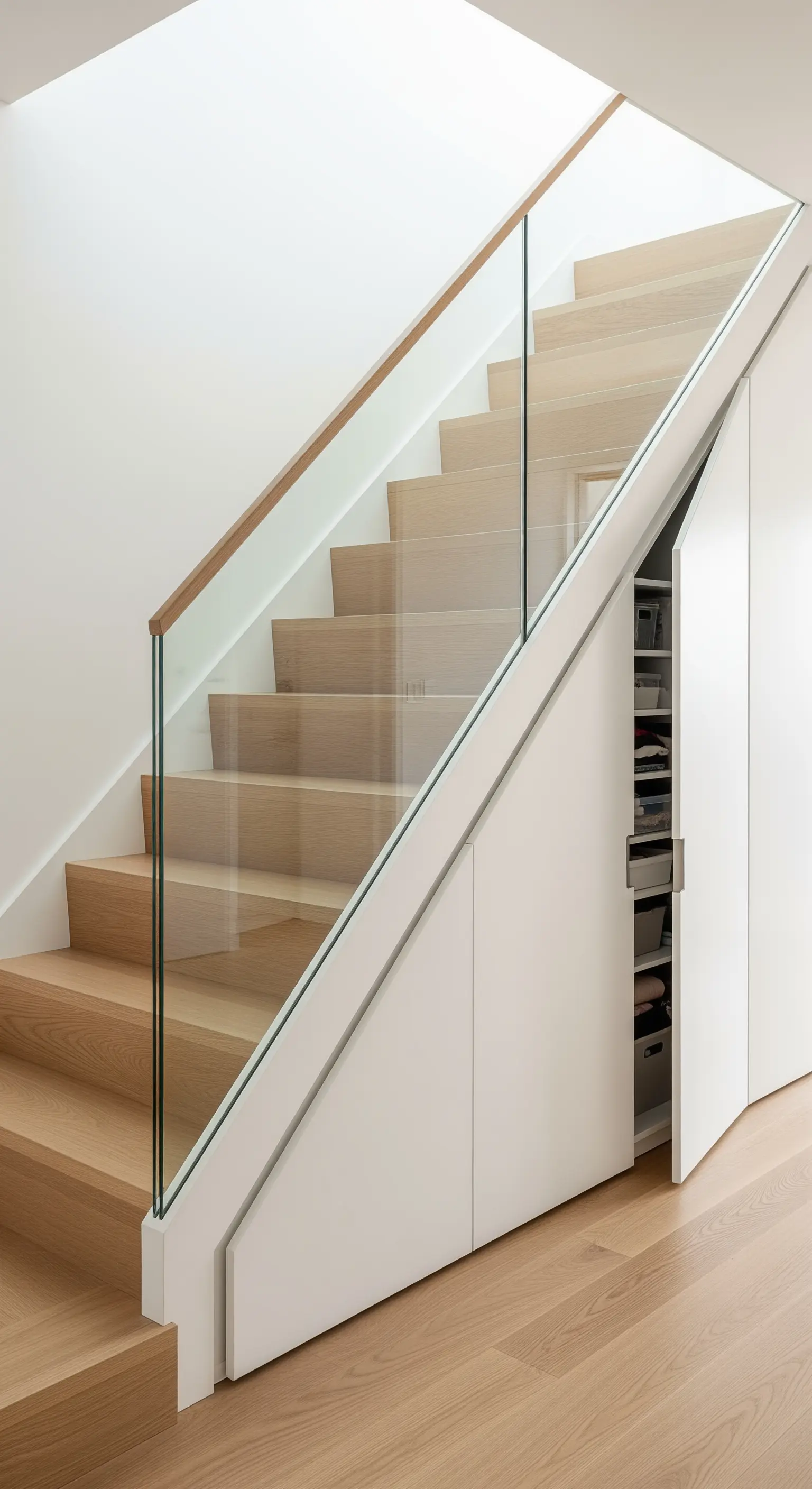 Moderner Stauraum unter der Treppe mit grifflosen ausziehbaren Schränken.