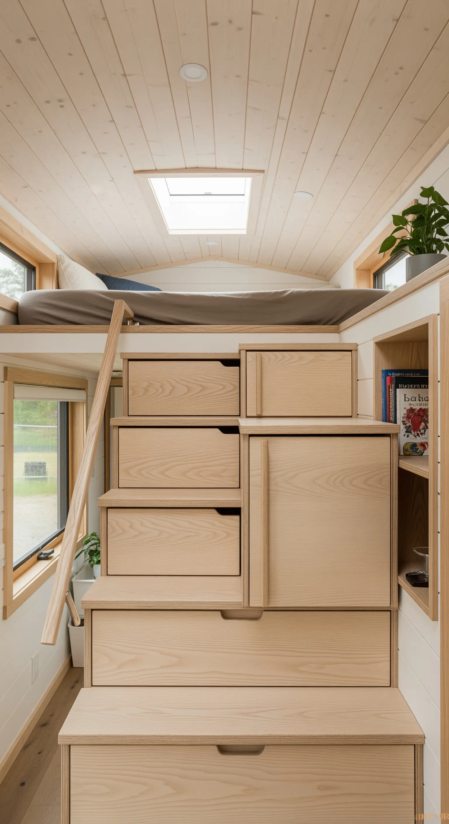 Treppe aus Holzschubladen als cleverer Stauraum im Tiny House.