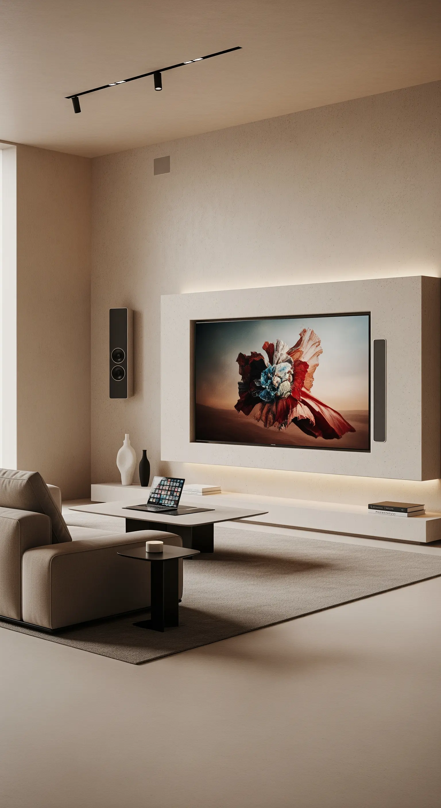 Minimalistische TV-Wand mit indirekter Beleuchtung und integrierten Lautsprechern.