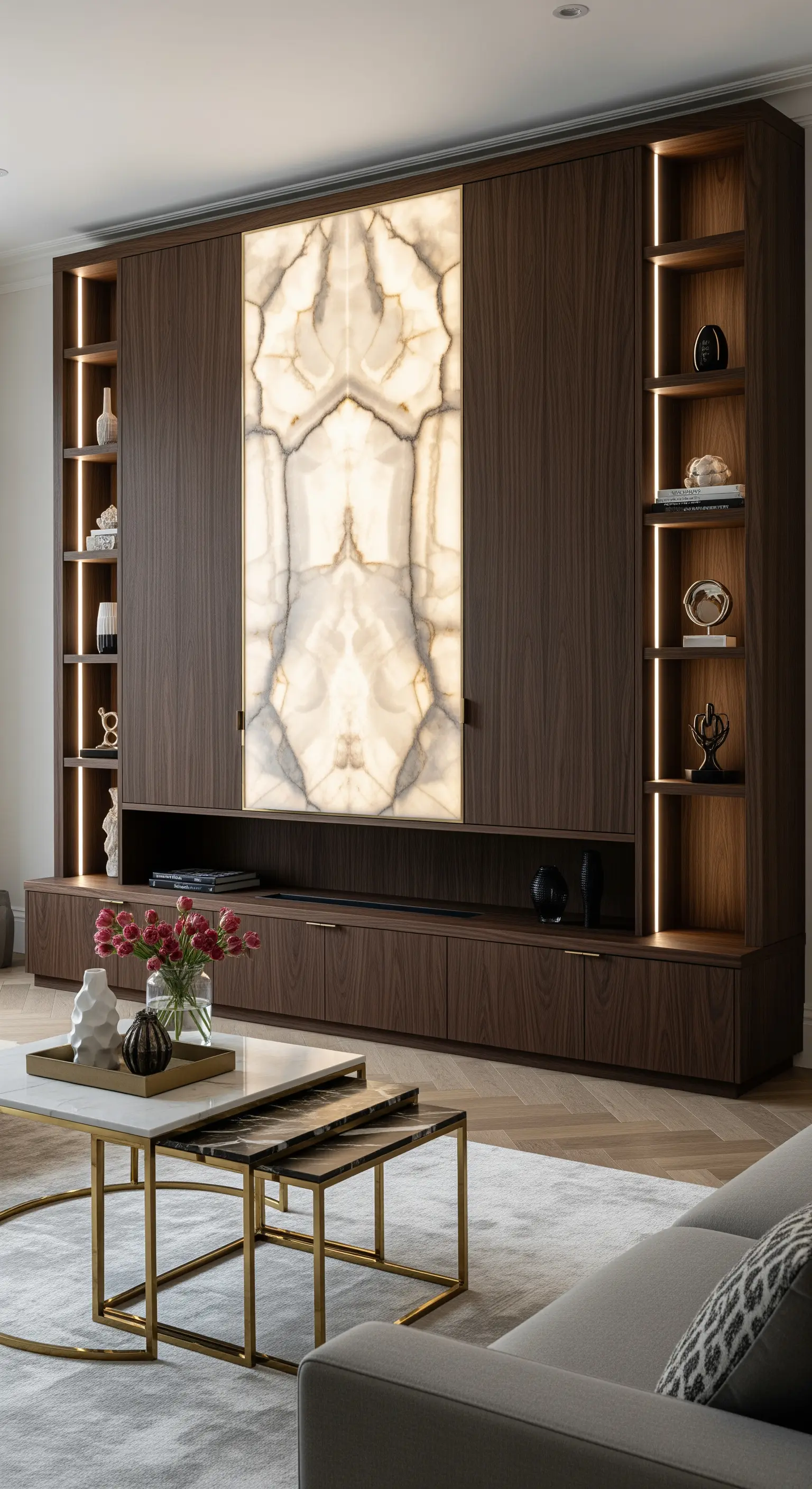 Moderne TV-Wand aus dunklem Holz mit hinterleuchteter Marmorplatte.