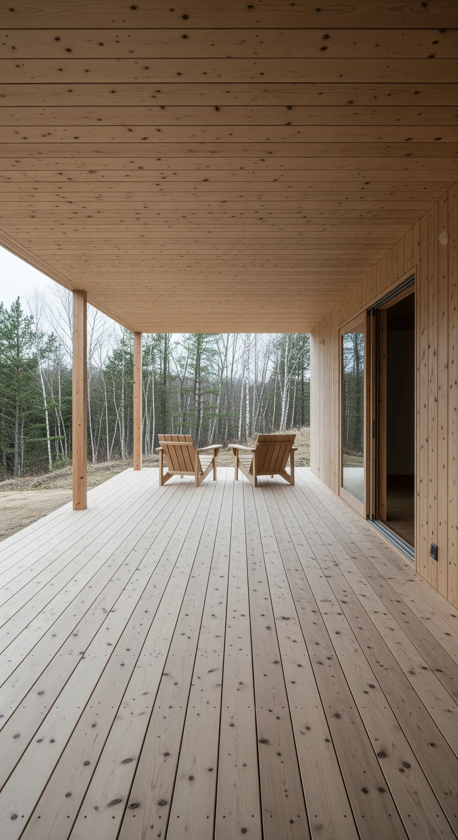 Weitläufige, überdachte Holzveranda mit zwei minimalistischen Holzstühlen und Blick in den Wald