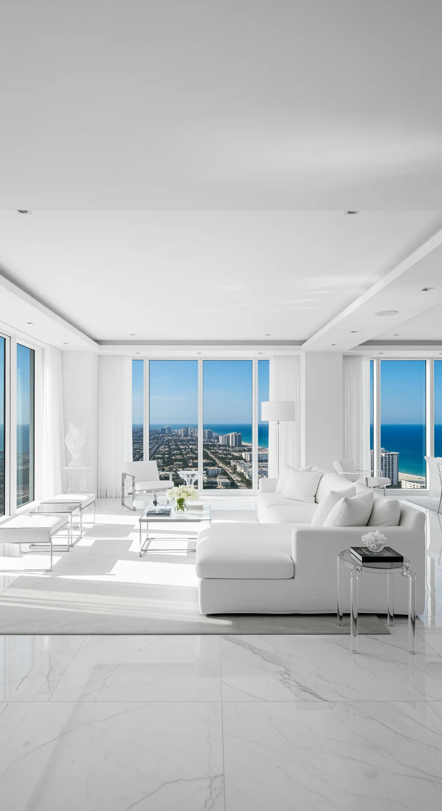 Reinweißes Wohnzimmer mit Marmorboden und Panoramablick auf das Meer