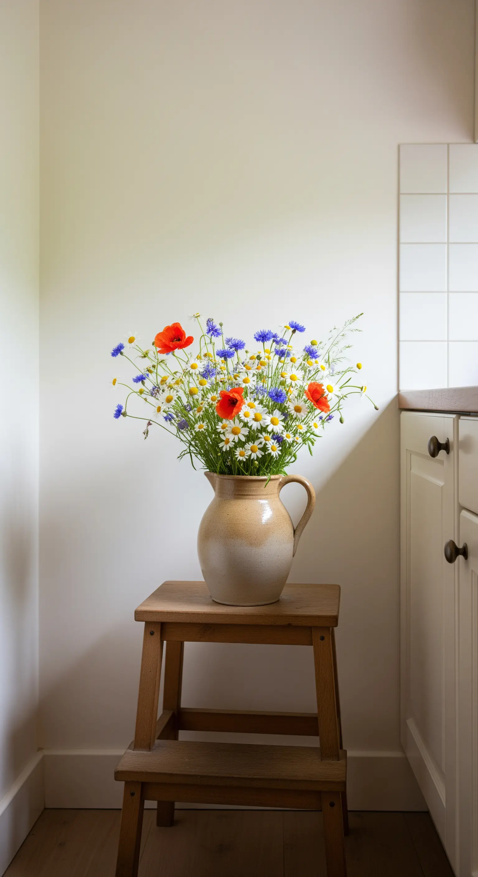 Ein großer Strauß Wiesenblumen in einem Steingutkrug, platziert auf einem kleinen Holzschemel