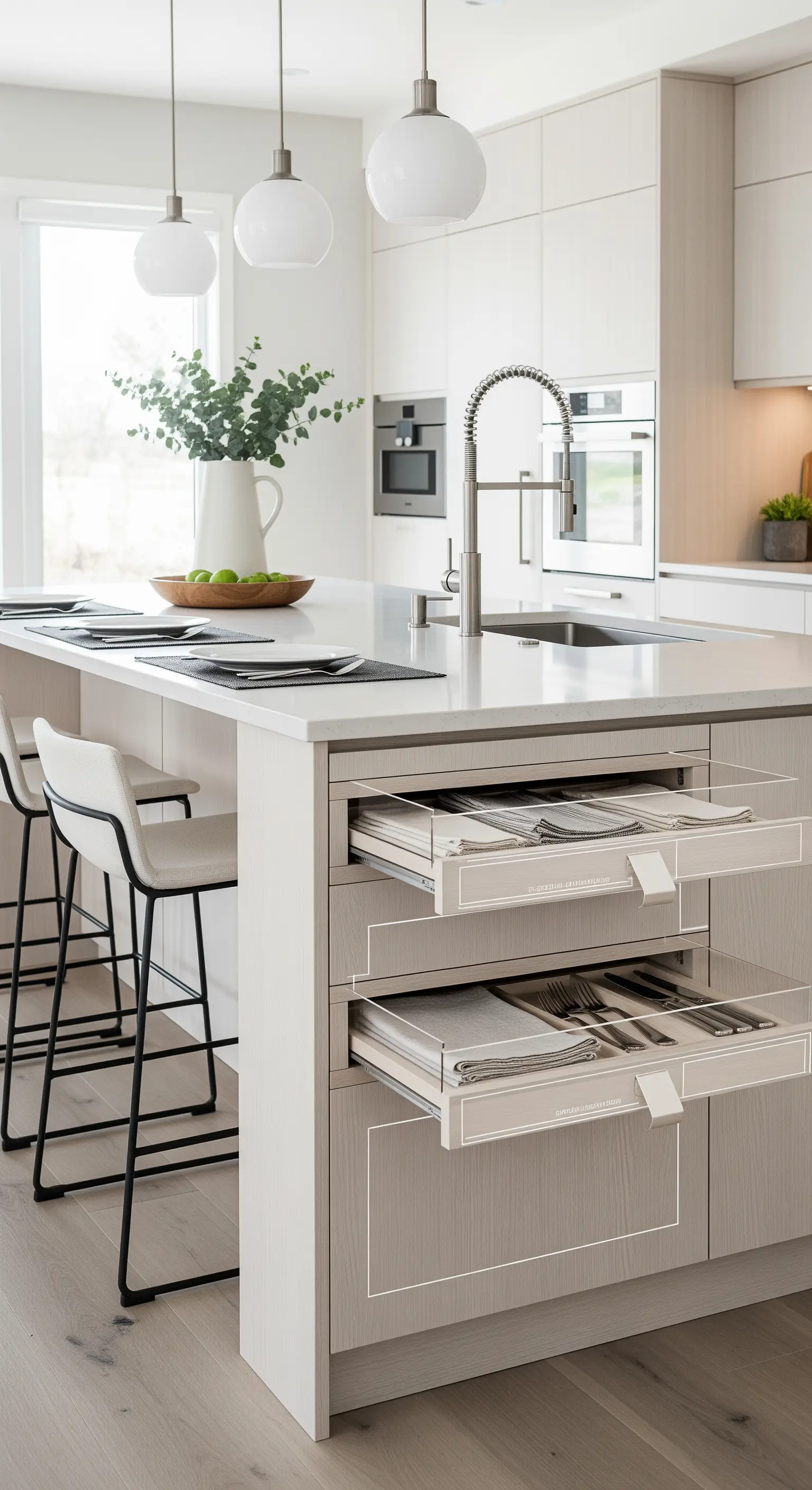 Minimalistische Kücheninsel mit versteckten, flachen Auszügen für Besteck hinter einer glatten Front.