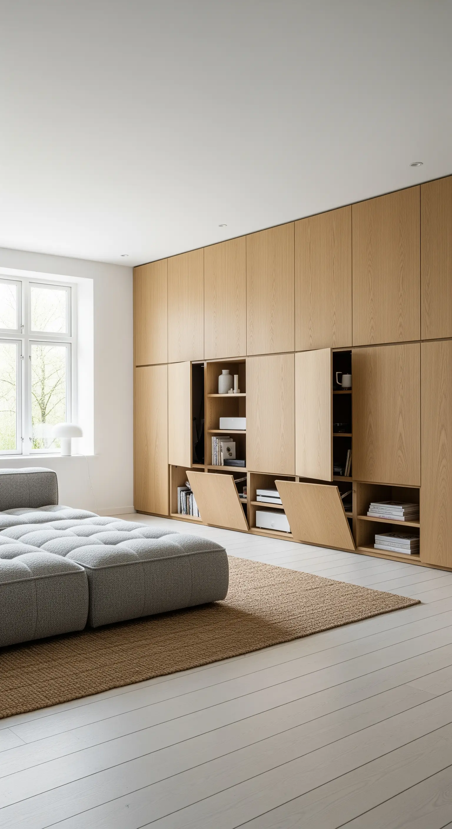 Wohnzimmer mit raumhoher, minimalistischer Schrankwand aus hellem Holz und versteckten Fächern.