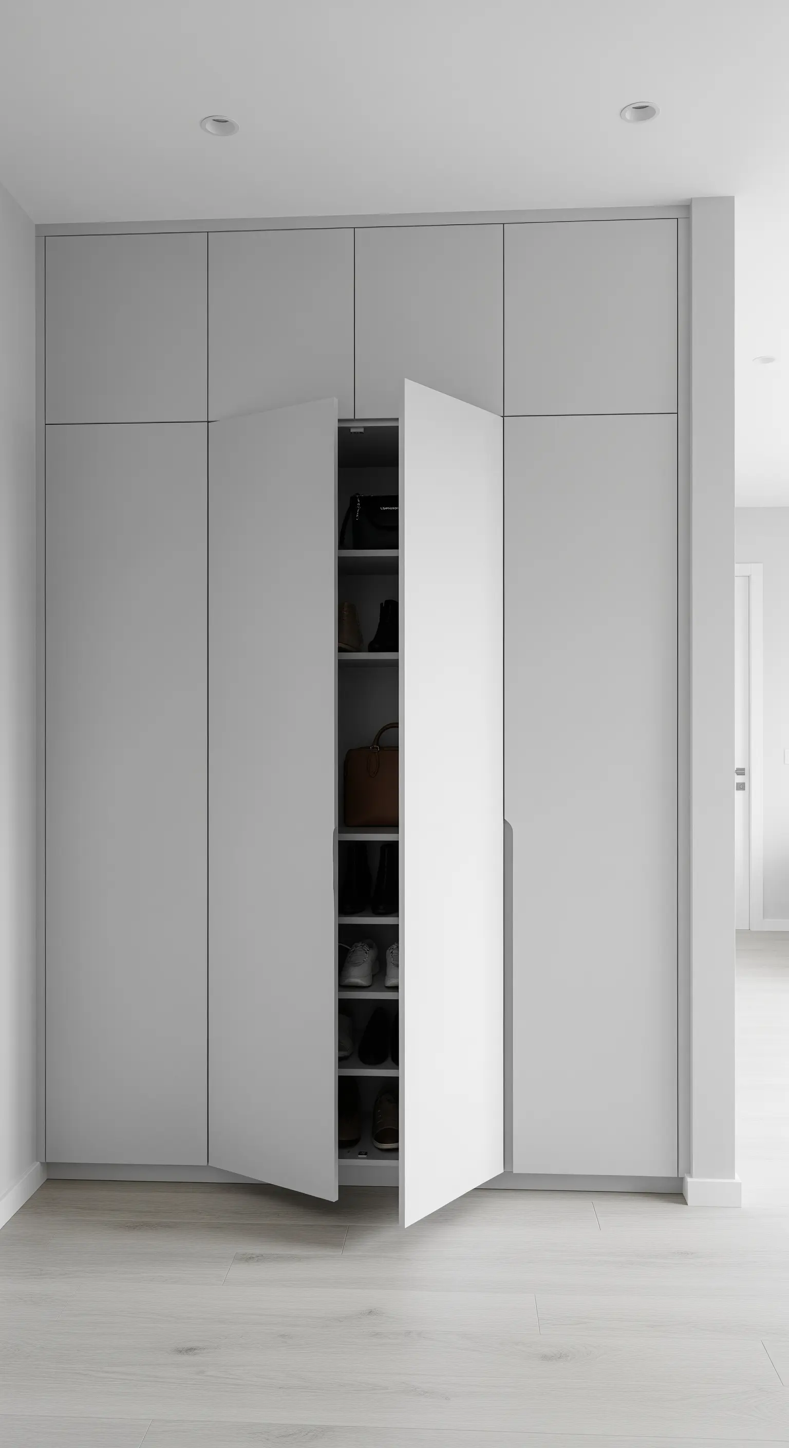 Deckenhoher, griffloser Einbauschrank in Wandfarbe für eine unsichtbare Garderobe