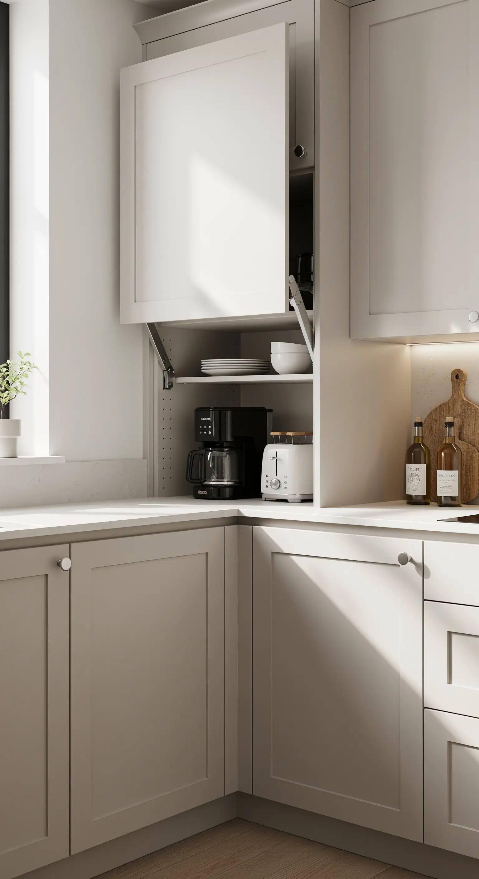 Eckschrank mit Lifttür, der eine Kaffeemaschine und einen Toaster auf der Arbeitsplatte verbirgt.