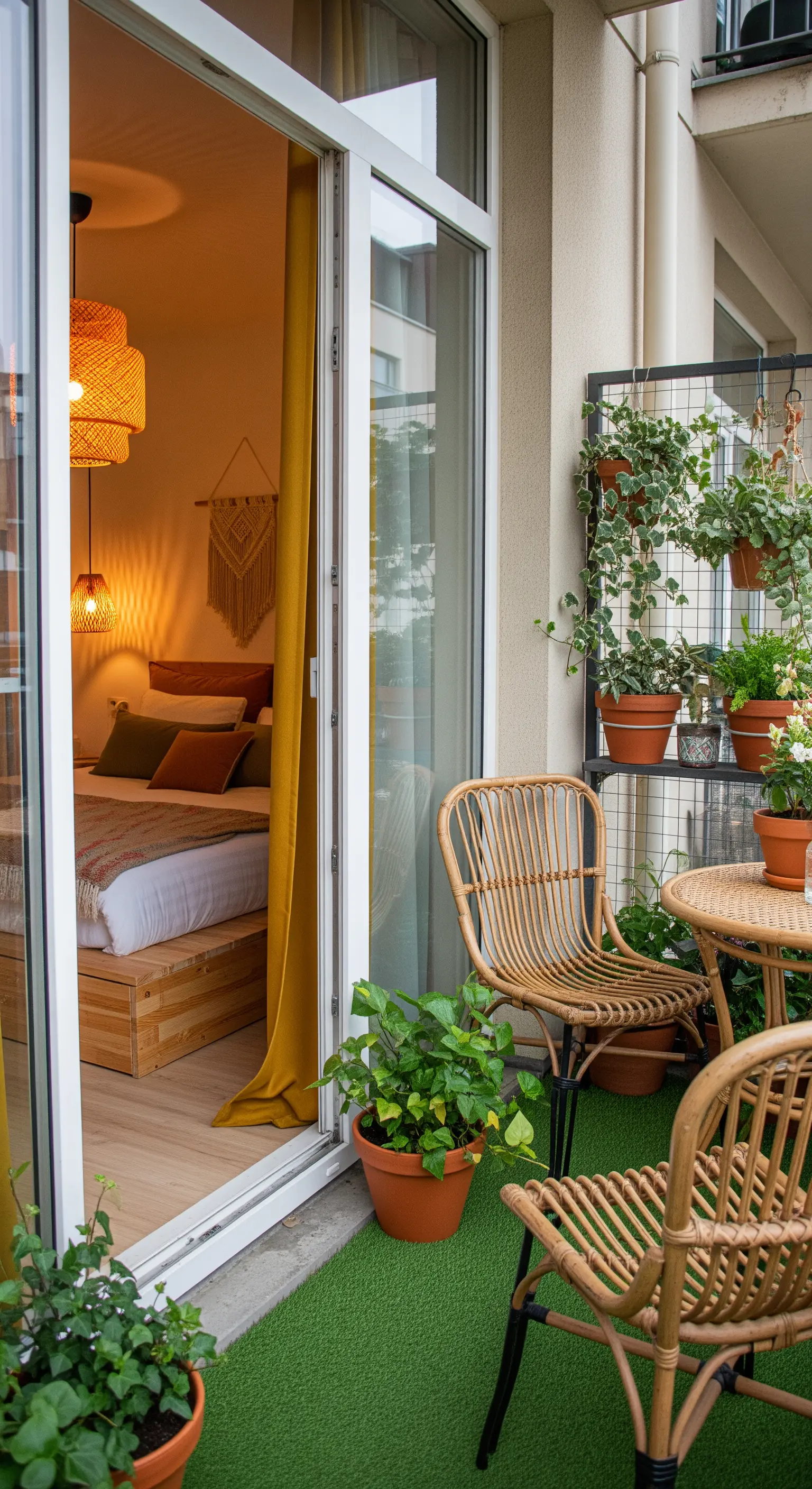 Blick aus einem Boho-Schlafzimmer auf einen Balkon mit Rattanmöbeln und vertikalem Garten.