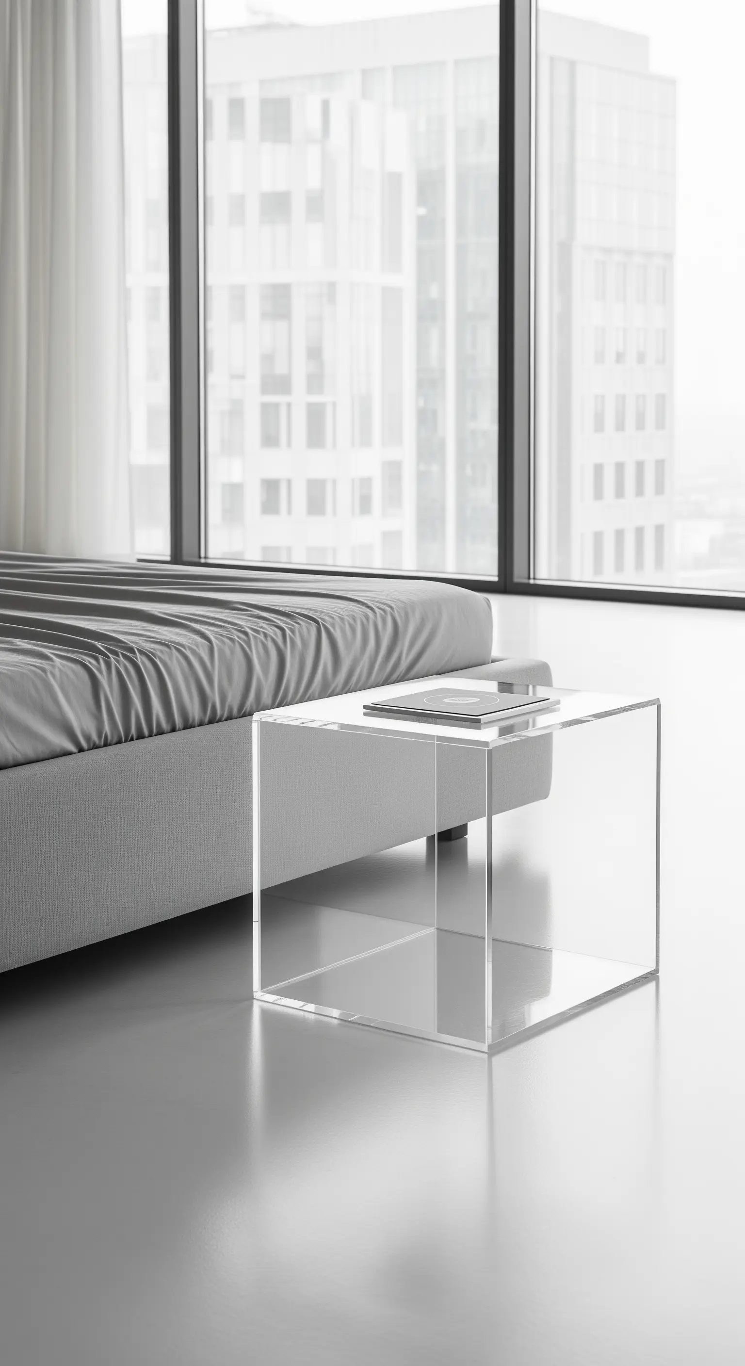 Transparenter Nachttisch aus Acrylglas in einem hellen, minimalistischen Schlafzimmer.