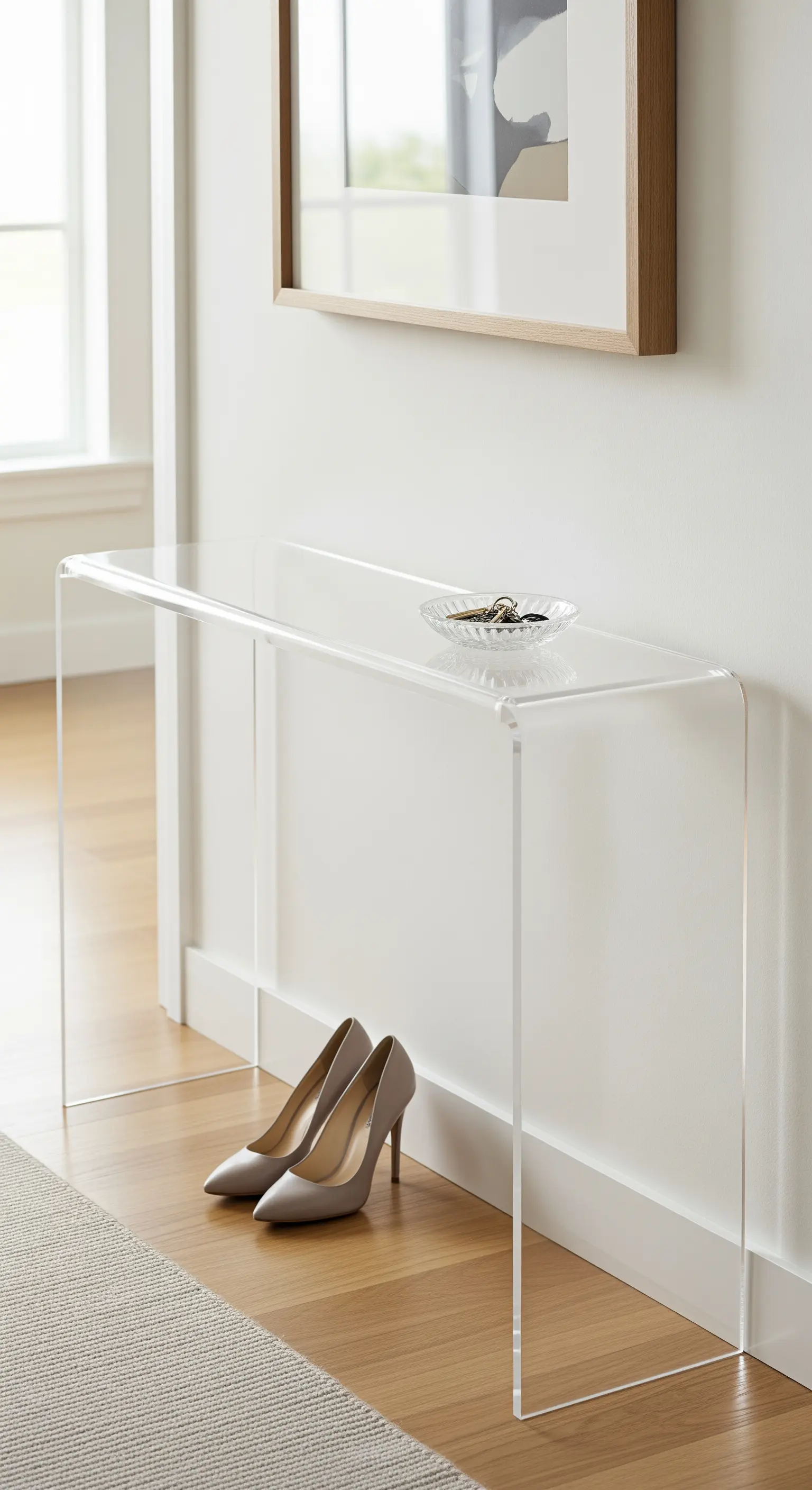 Transparenter Konsolentisch aus Acrylglas in einem schmalen Flur