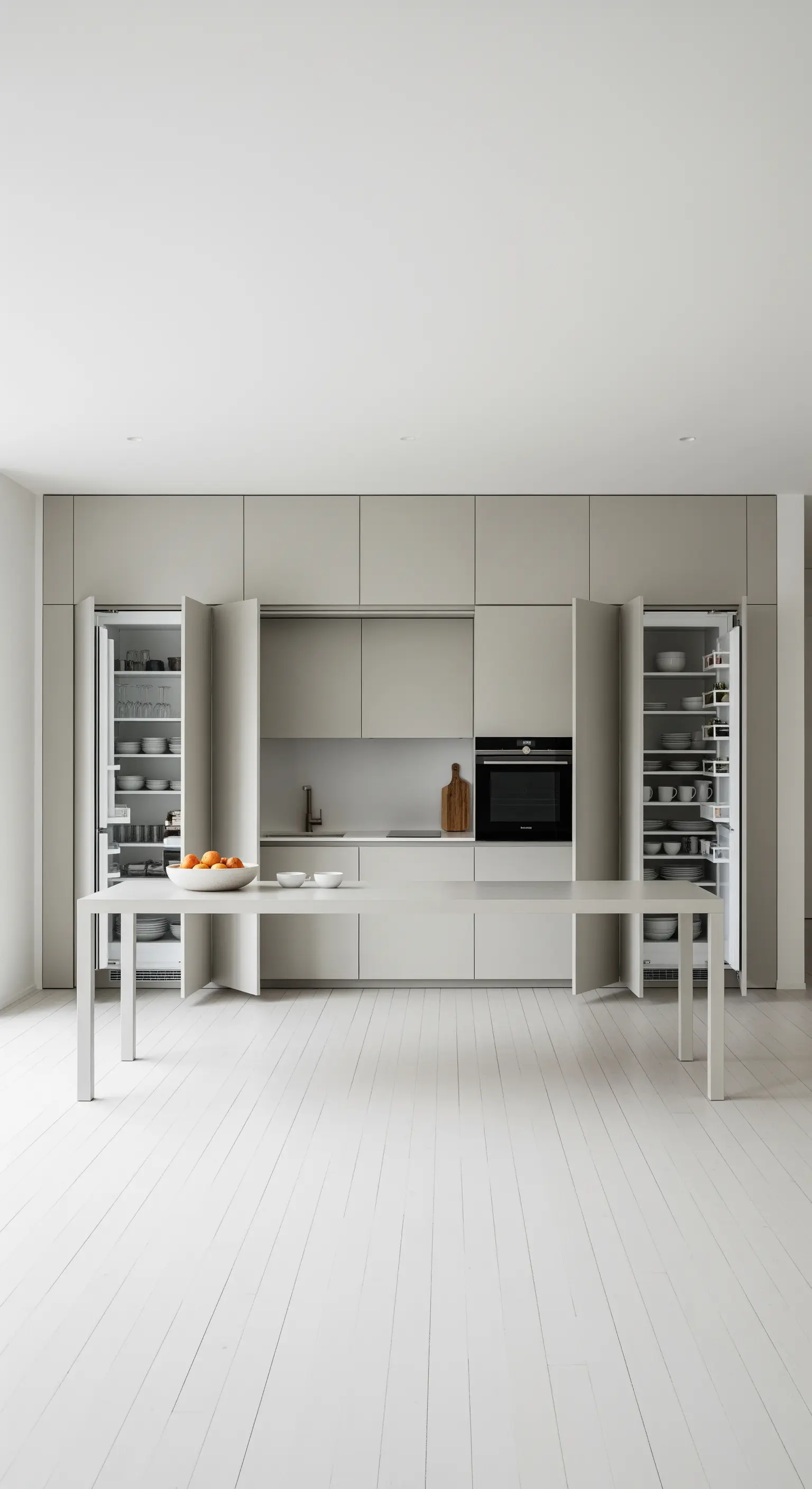 Helle, minimalistische Küche mit grifflosen Schränken, die Geräte verbergen.