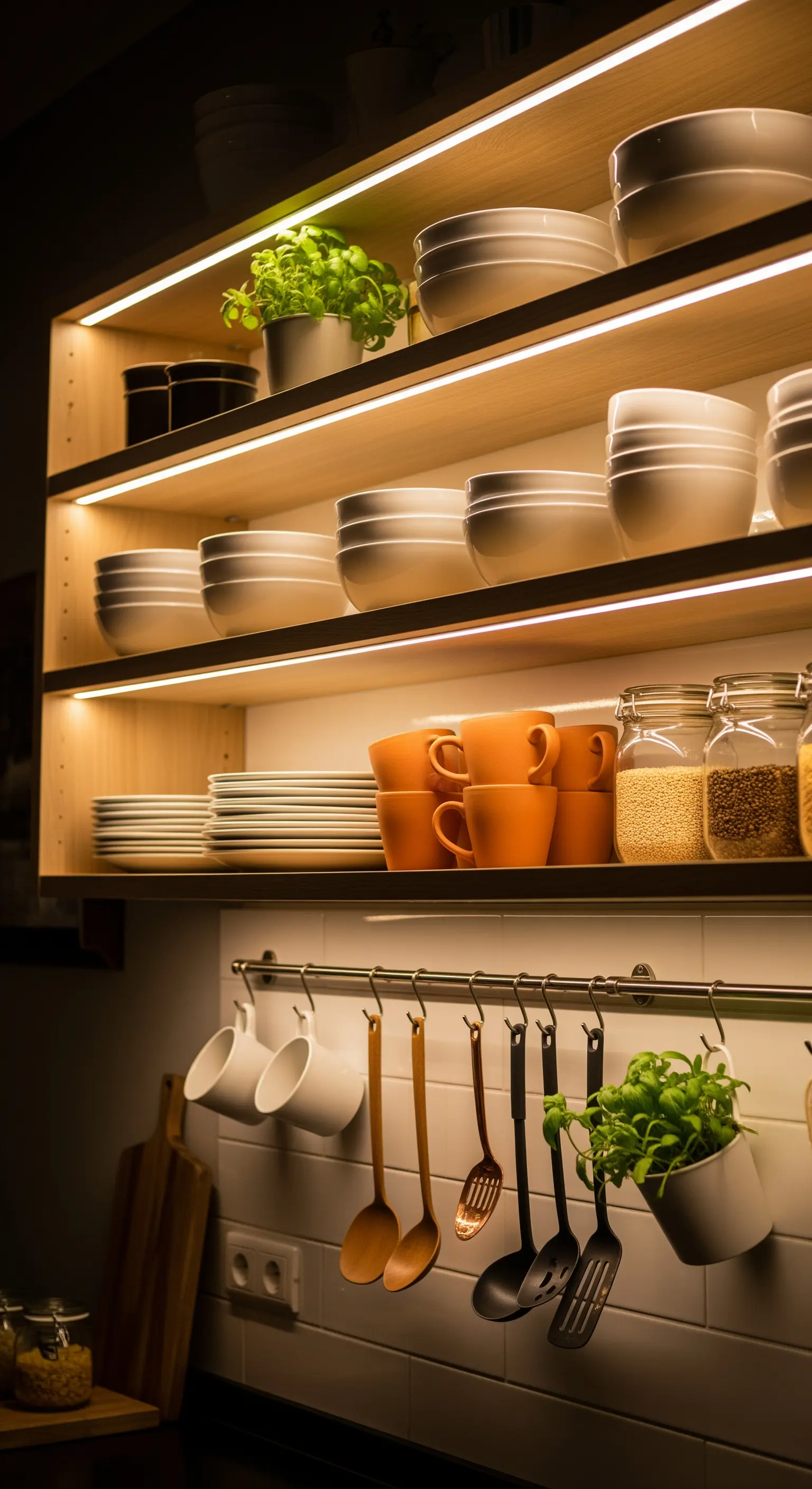Moderne Küche mit warmweißer LED-Beleuchtung unter den Hängeschränken und in den offenen Regalen.
