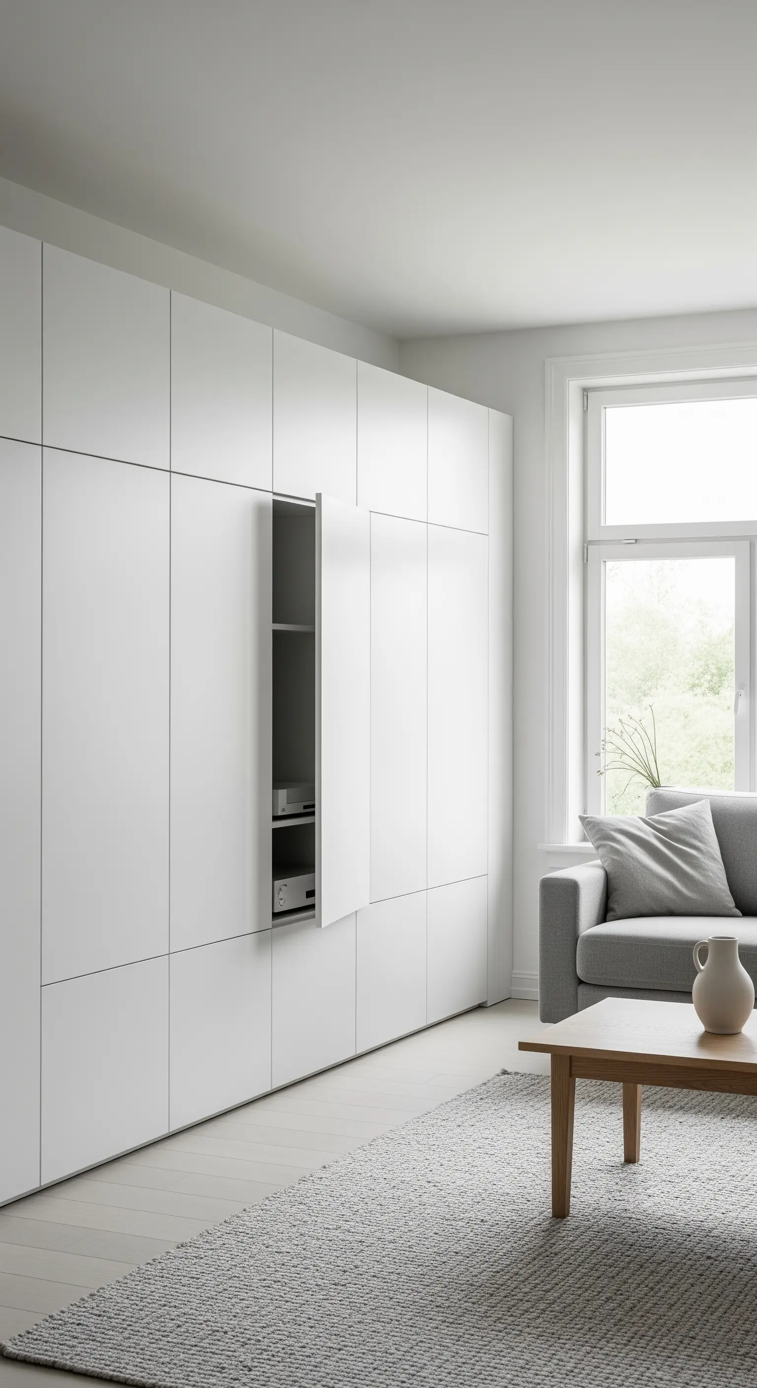 Minimalistische Wohnzimmerwand mit integriertem, verstecktem Stauraum für Technik.