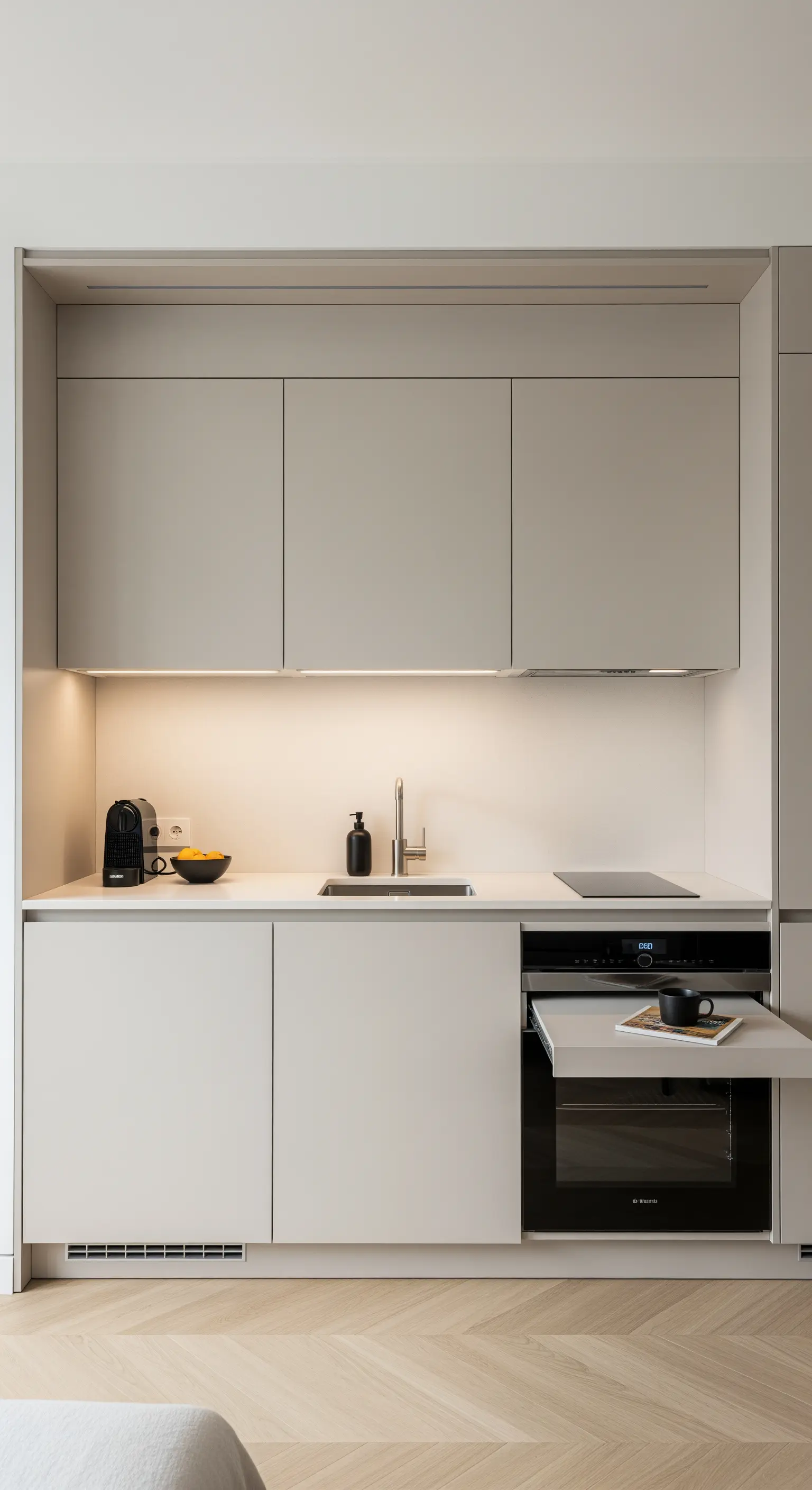 Kompakte Küchenzeile mit einem ausziehbaren Brett über dem Backofen