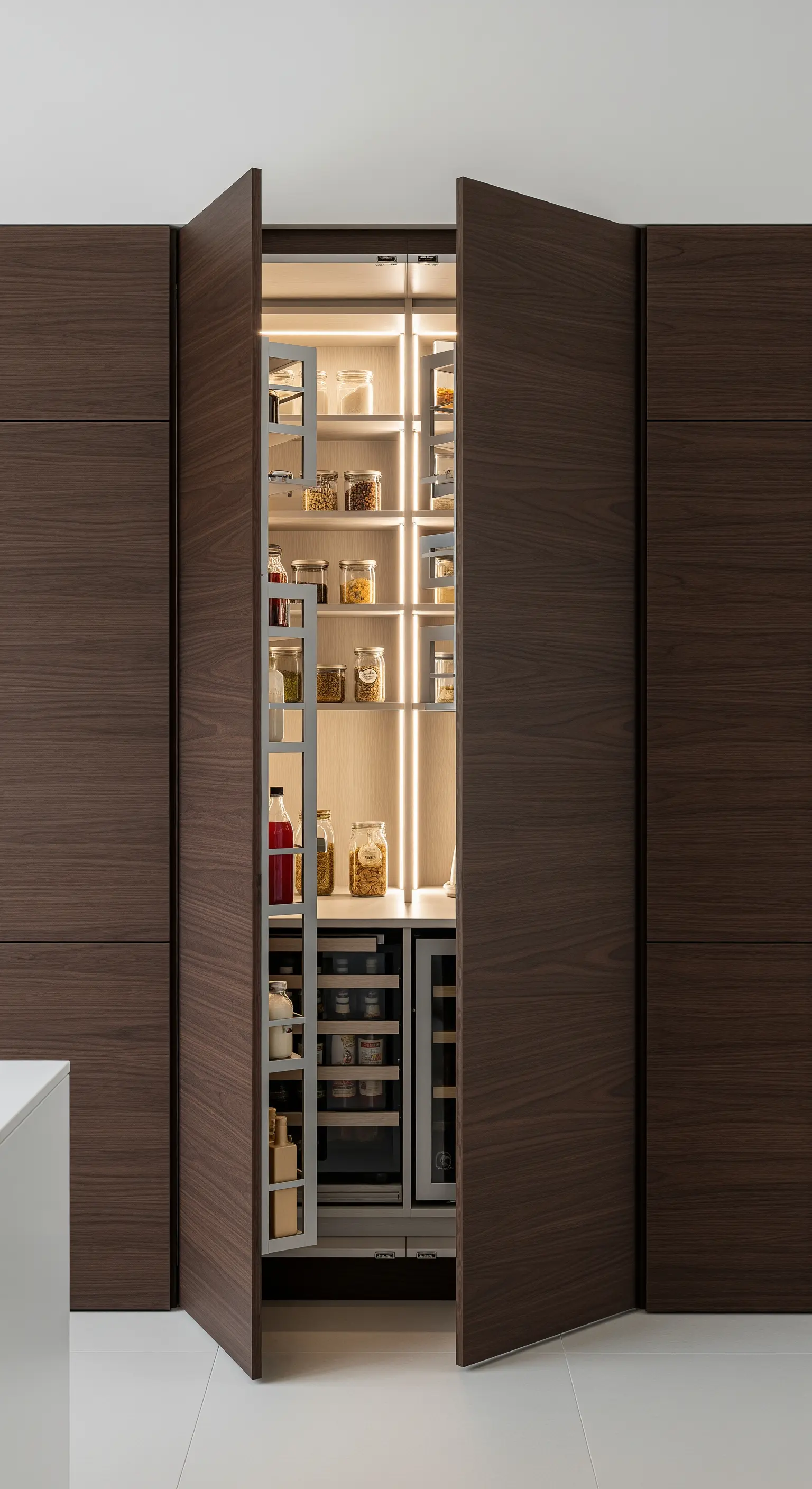 Ein in die Küchenzeile integrierter Vorratsschrank mit Falttüren und Innenbeleuchtung.