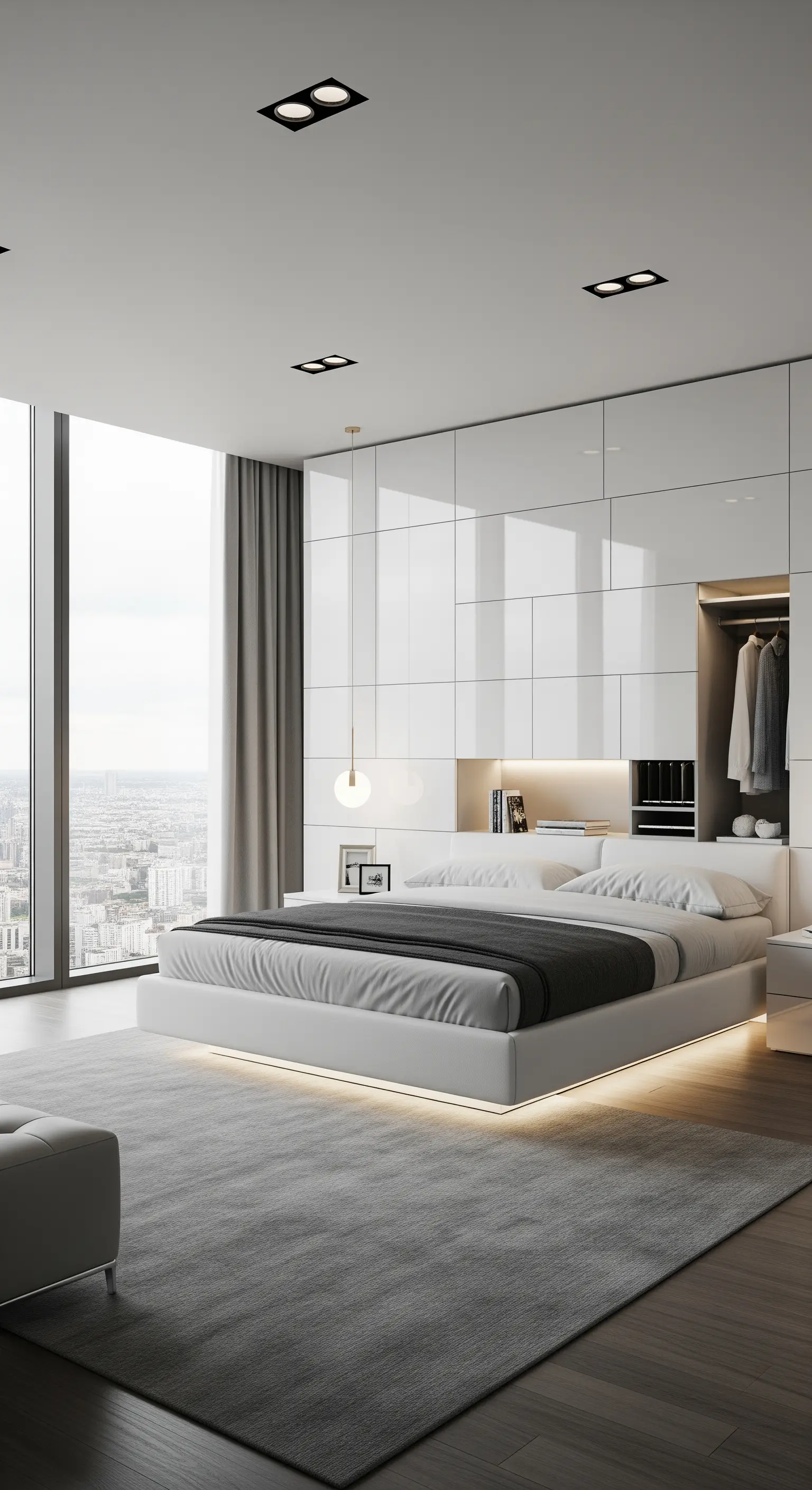 Modernes Schlafzimmer mit weißer Hochglanz-Schrankwand und schwebendem Bett mit LED-Licht.