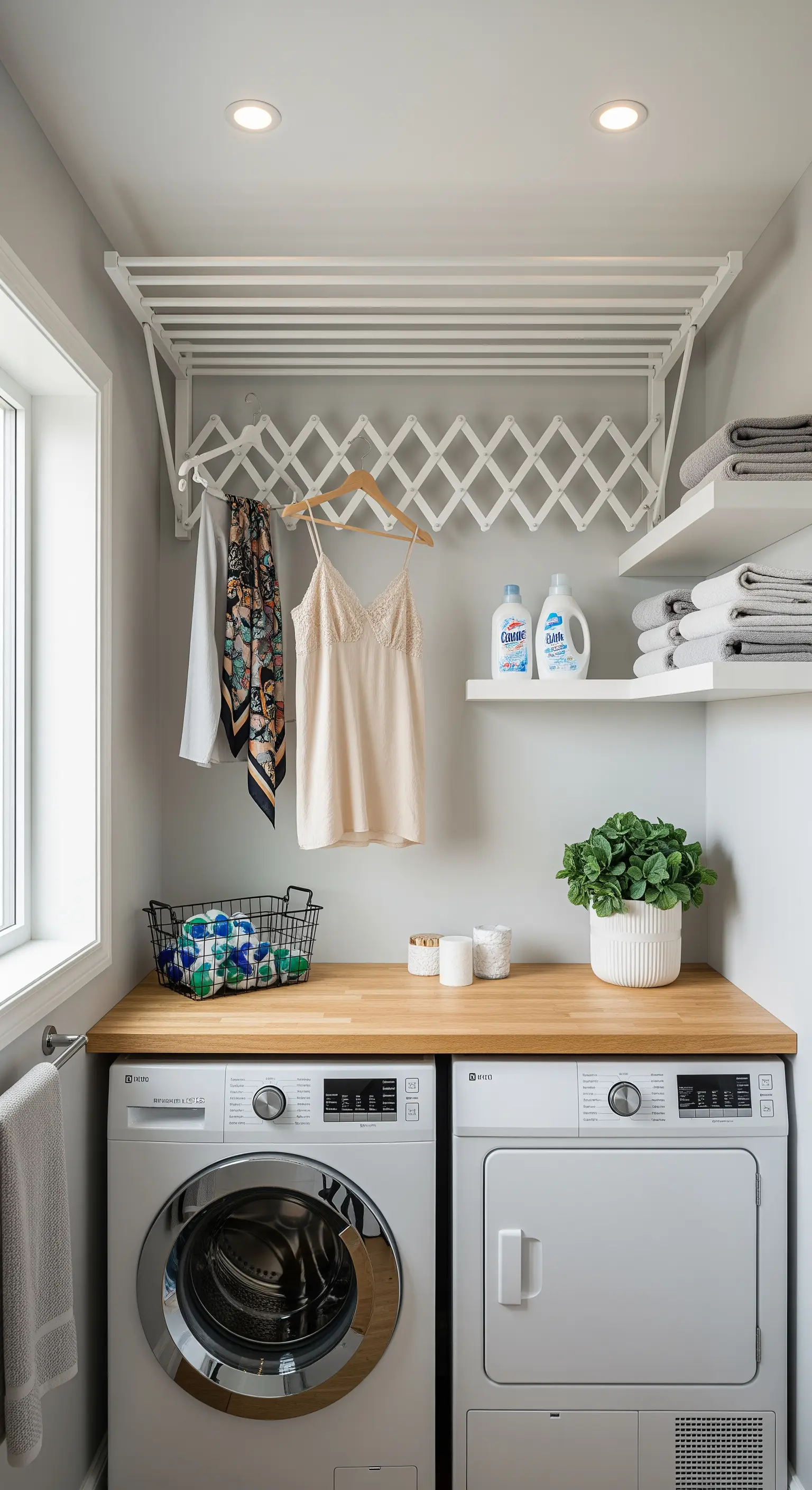 Ausziehbarer, weißer Wand-Wäschetrockner in einer kleinen Waschküche.