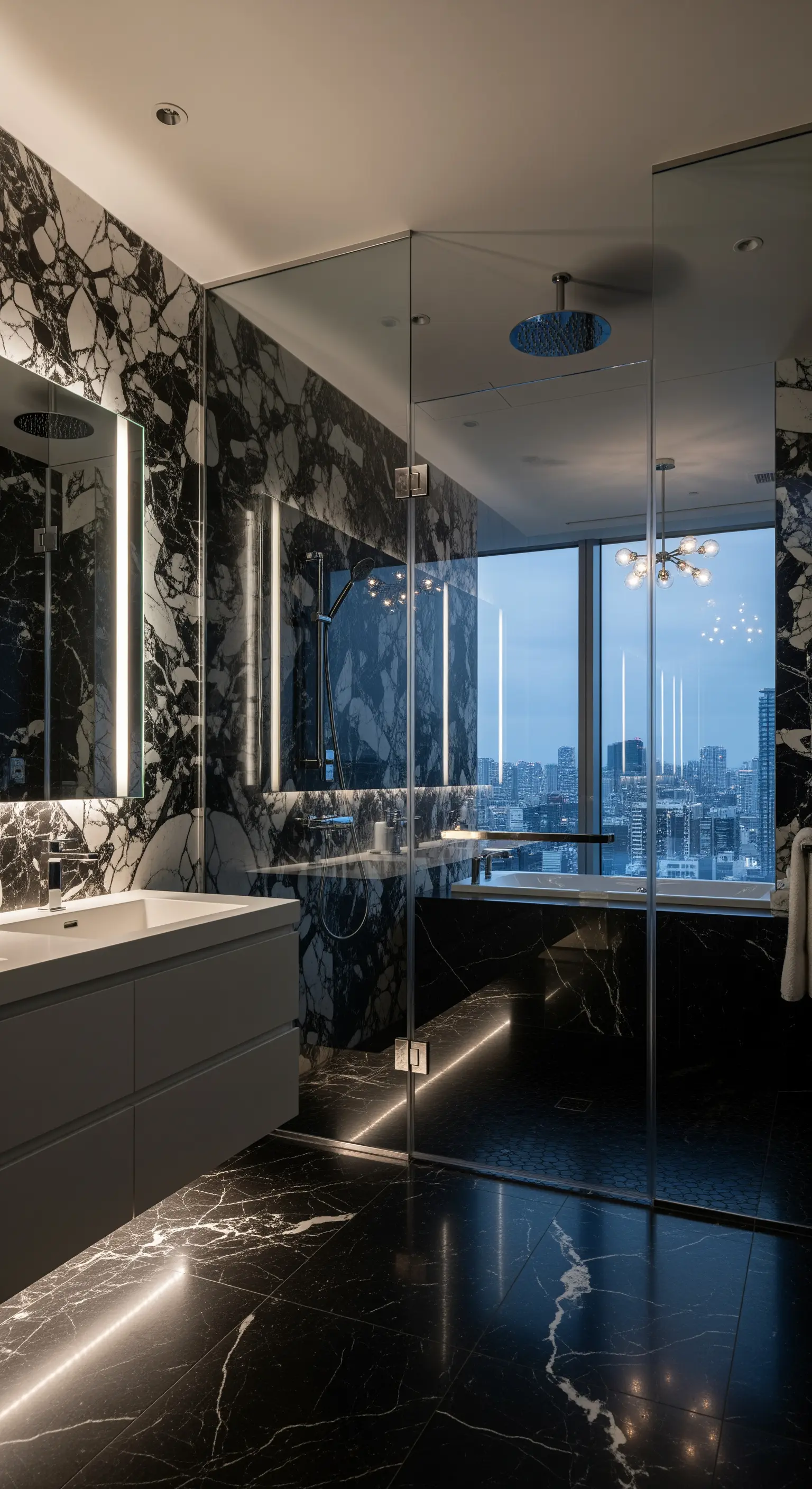 Luxuriöses Badezimmer mit schwarzem Marmor und integrierter LED-Beleuchtung mit Stadtblick