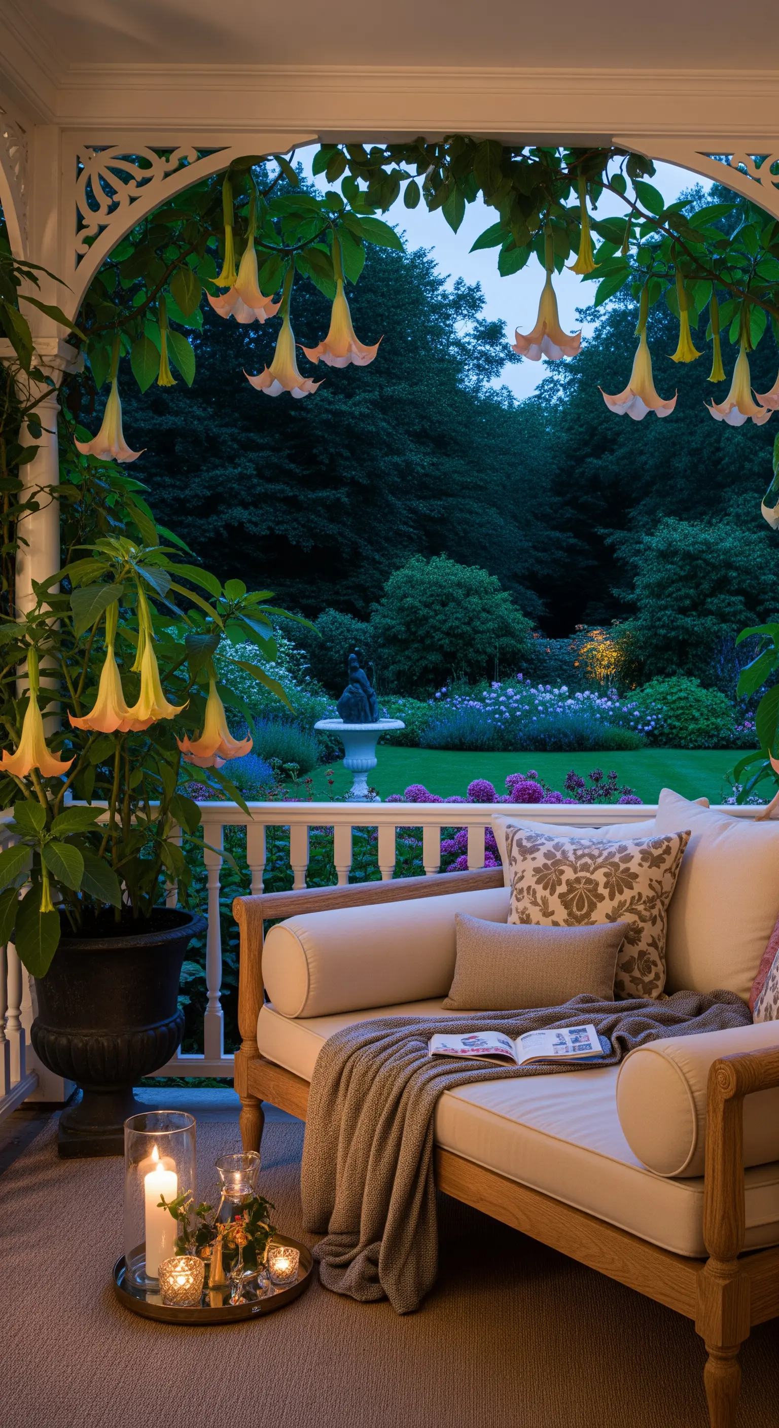 Eine gemütliche Veranda mit einem Sofa, Kerzen und großen Engelstrompeten in der Abenddämmerung.