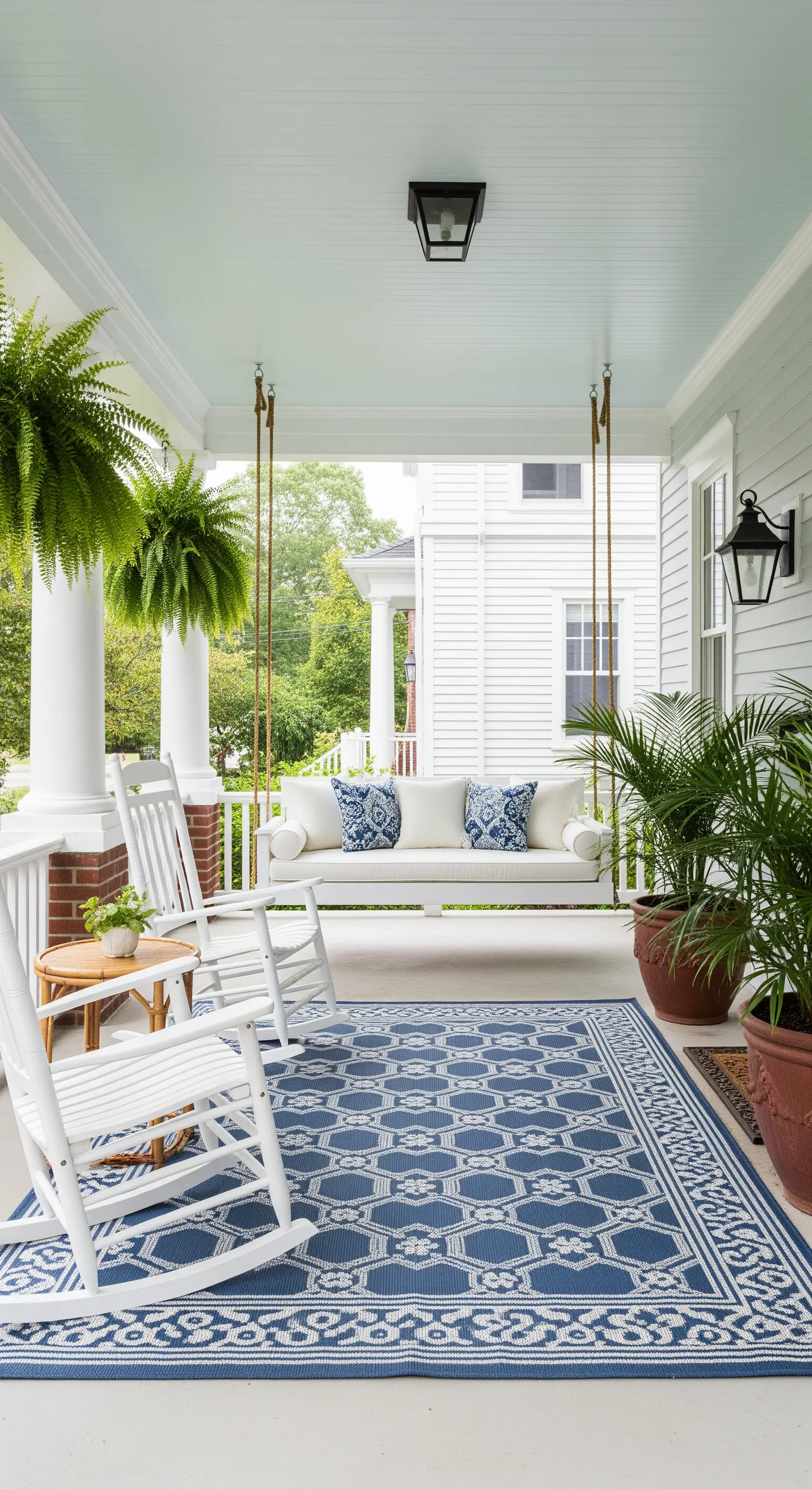 Große Veranda mit weißer Hollywoodschaukel, Schaukelstühlen und einem blauen Teppich