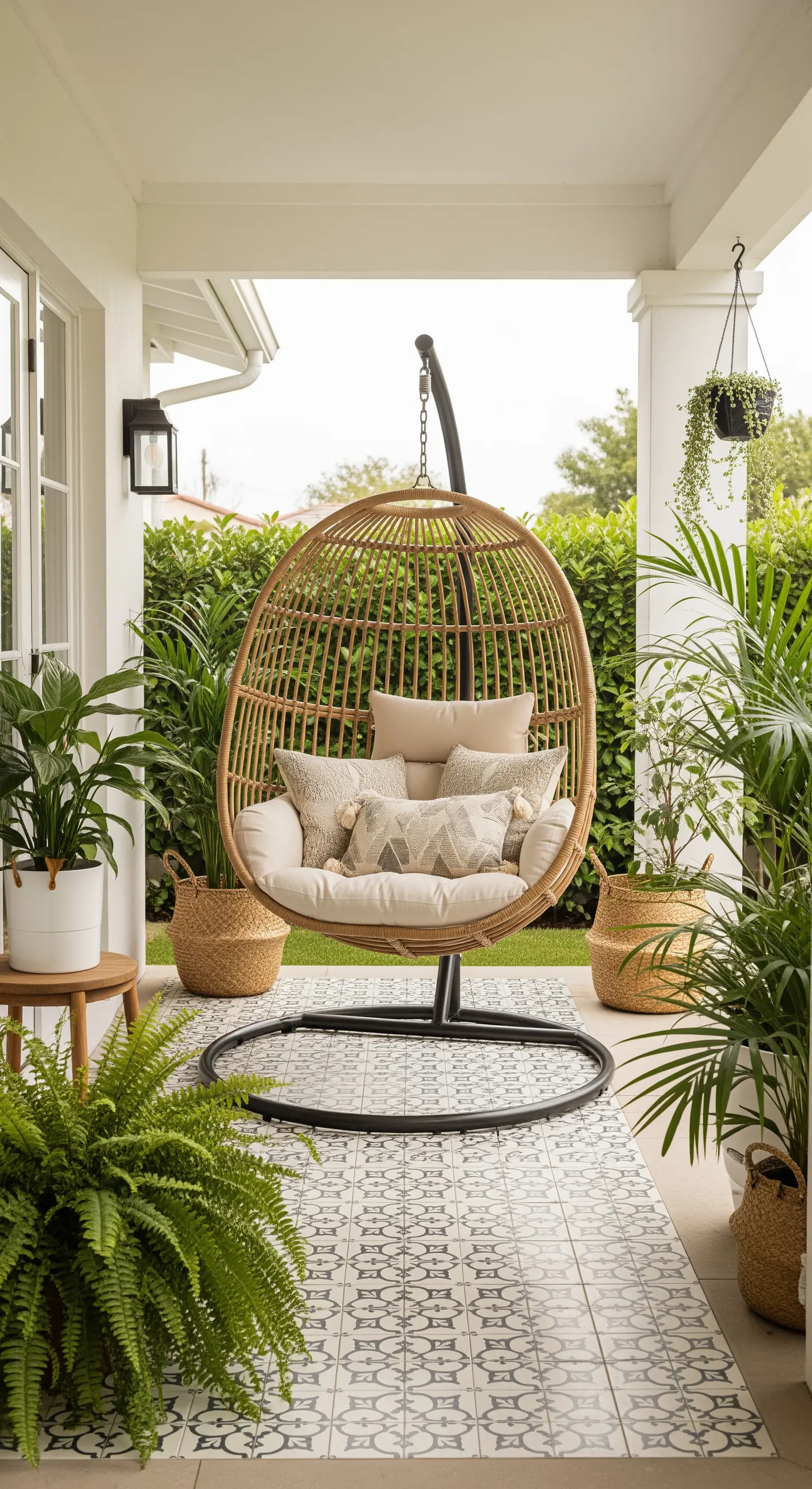 Überdachte Veranda mit einem Rattan-Hängesessel, gemusterten Fliesen und vielen Grünpflanzen.