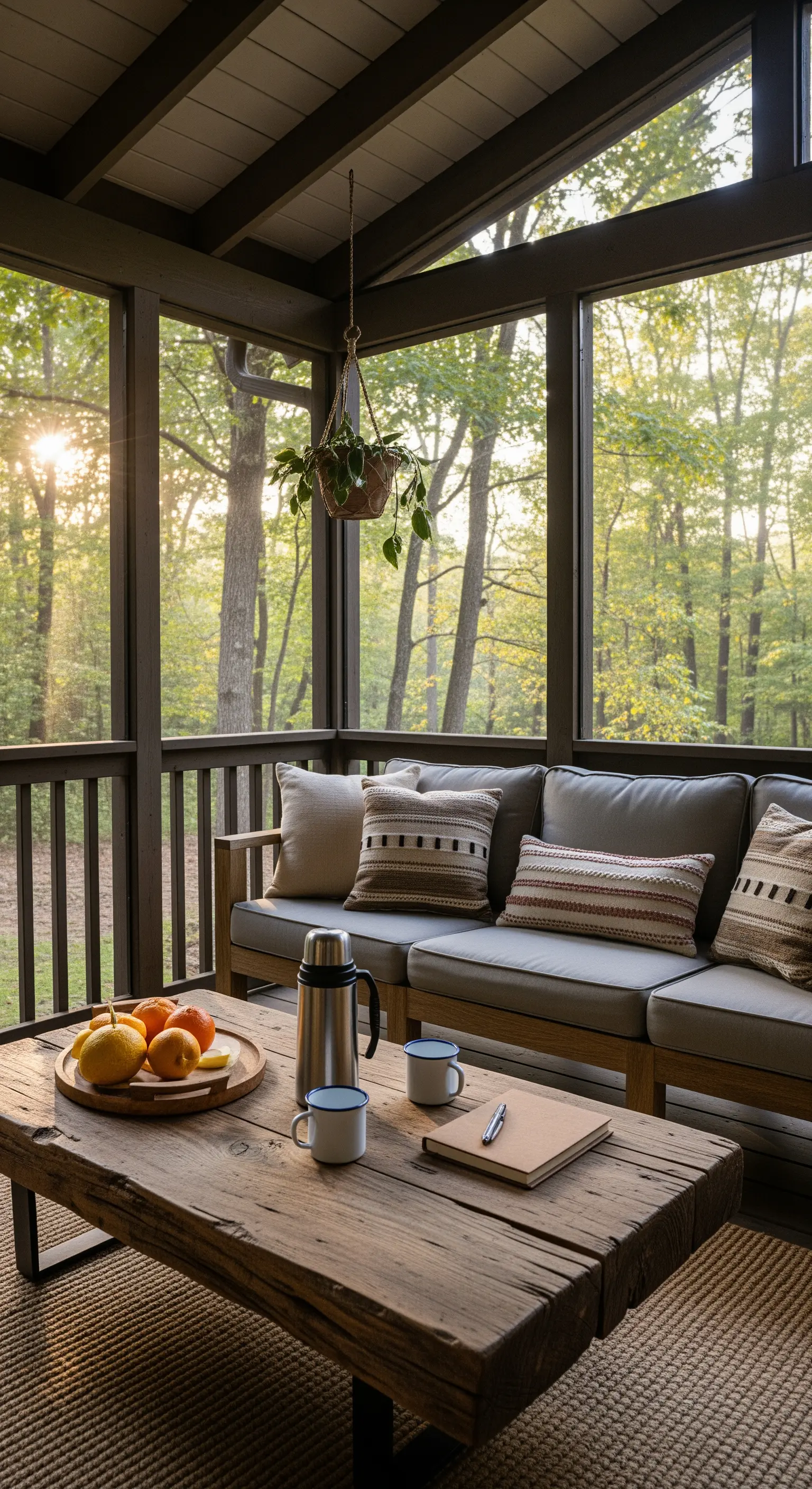 Gemütliche Veranda mit Sofa, Boho-Kissen und rustikalem Holztisch bei Sonnenaufgang.