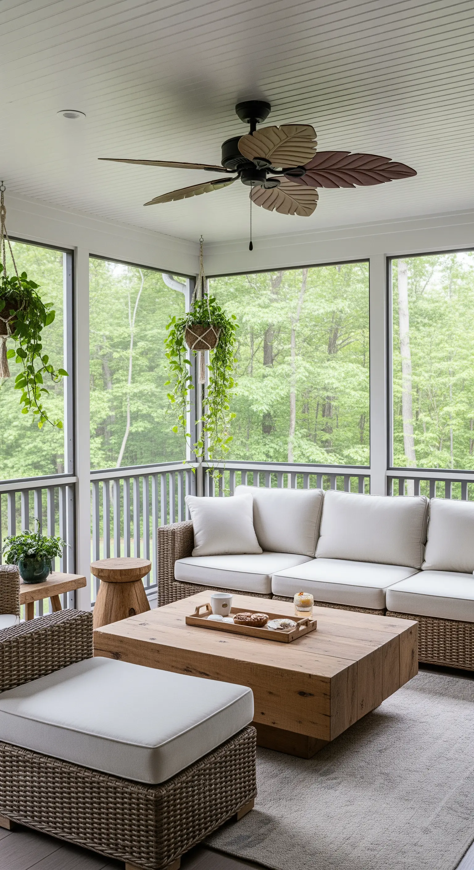 Abgeschirmte Veranda mit bequemen Loungemöbeln, Holztisch und Blick in den Wald.