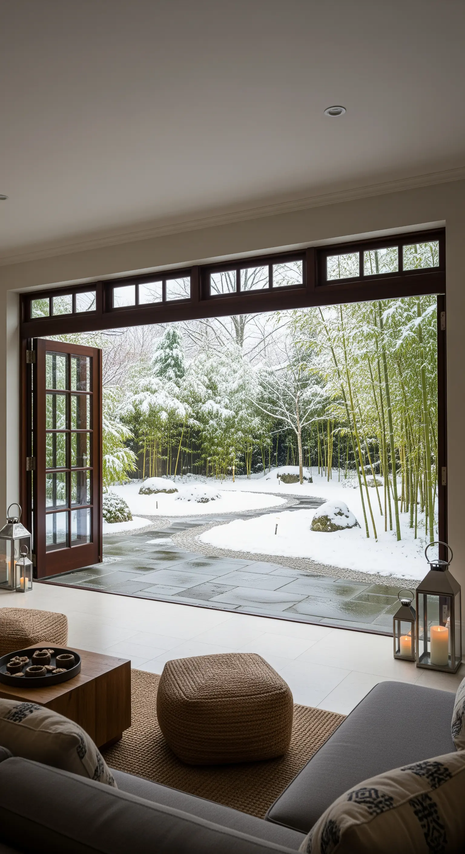 Offene Türen mit Blick auf einen verschneiten Japandi-Garten, flankiert von Laternen.
