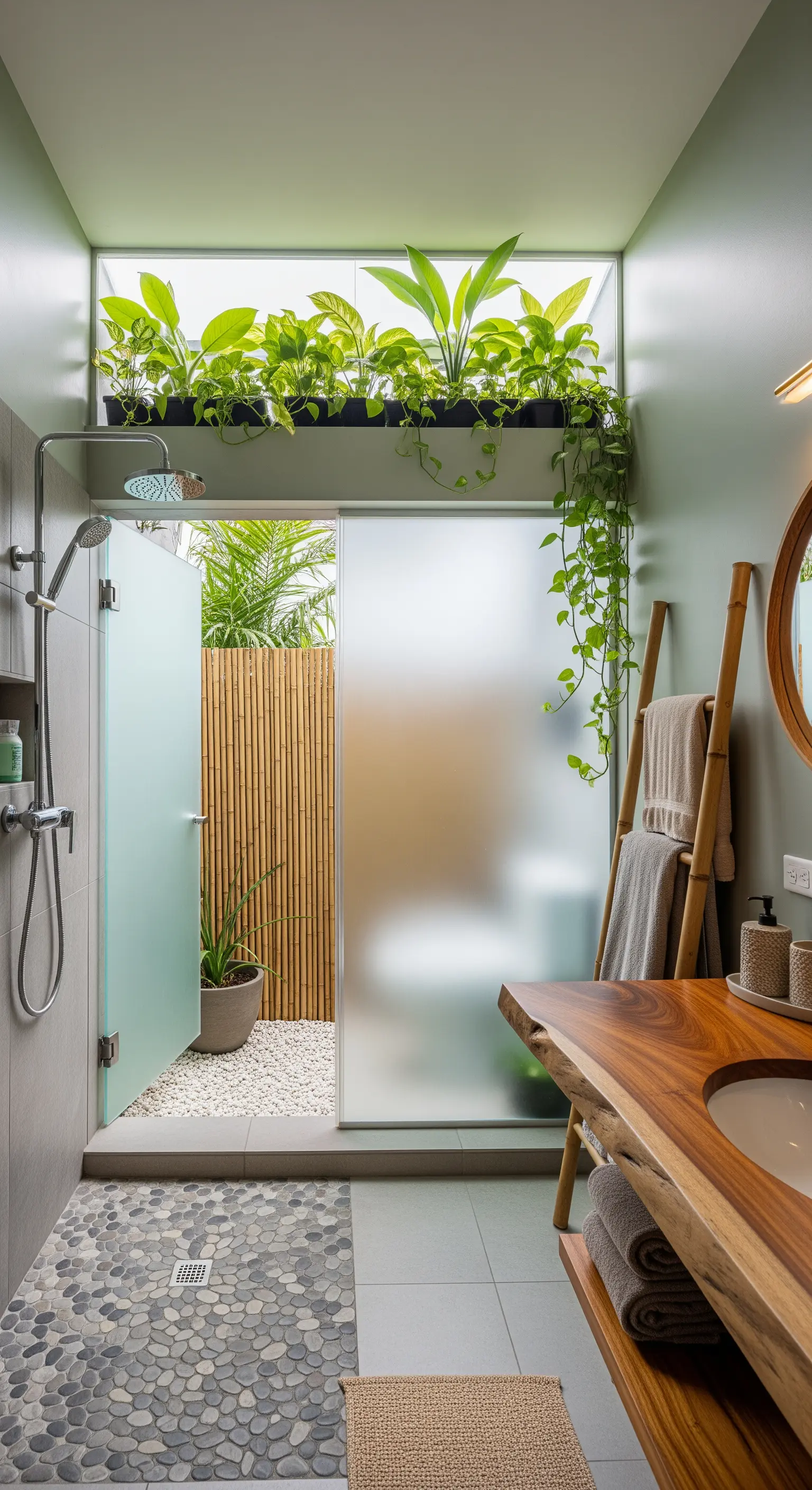 Badezimmer mit Übergang zu einem kleinen Außenbereich und vielen Pflanzen.