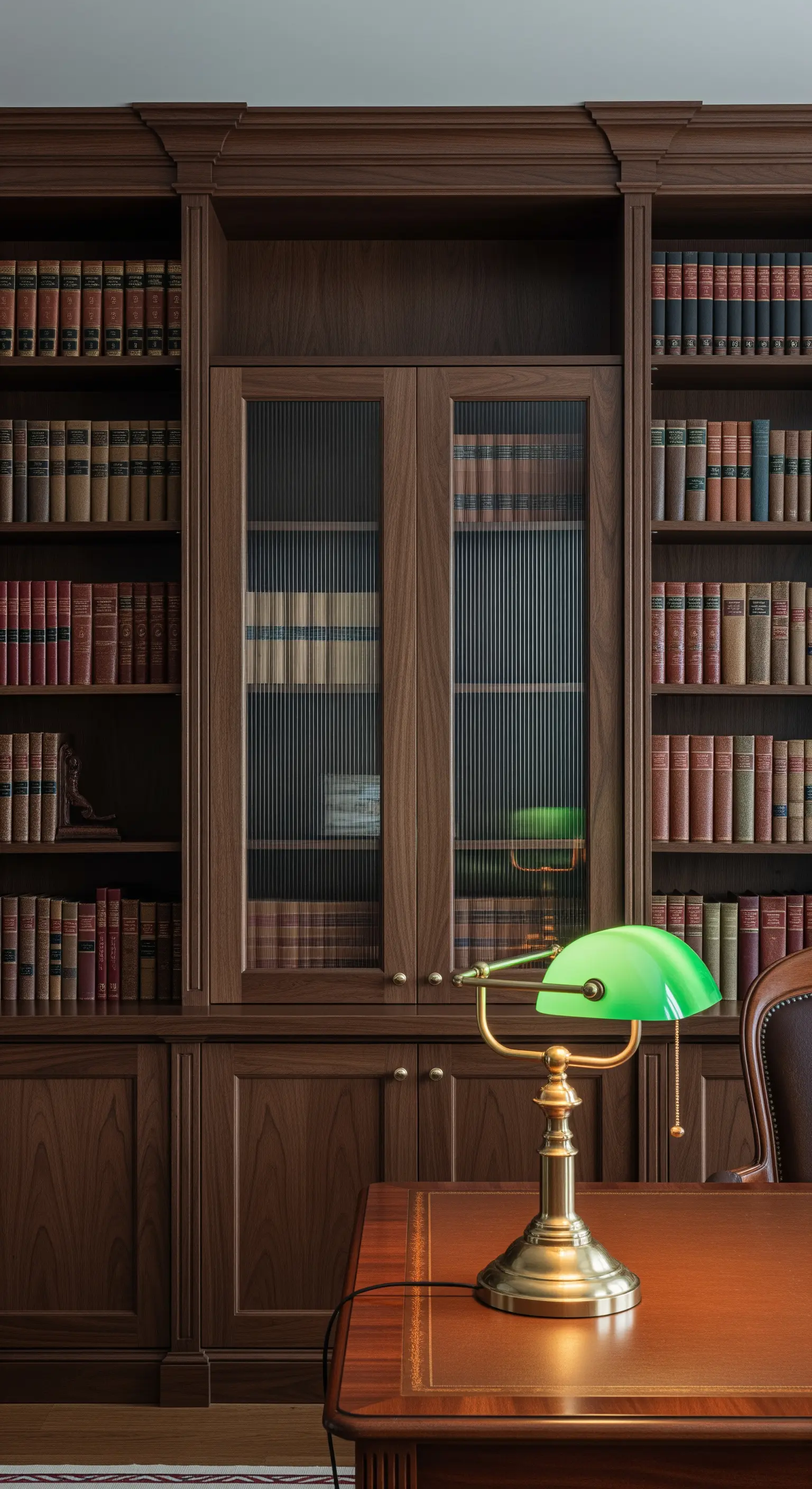 Bücherregal aus dunklem Holz mit Türen aus Riffelglas und einer grünen Bankerlampe.
