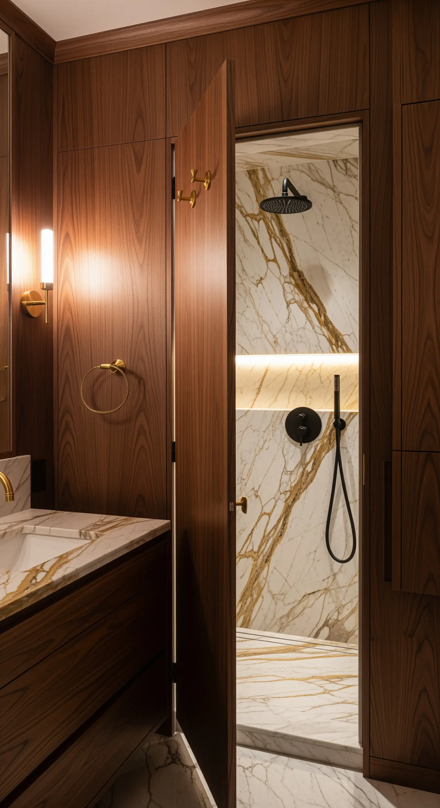 Eine Holzwand mit einer versteckten Tür, die eine luxuriöse Marmordusche freigibt.
