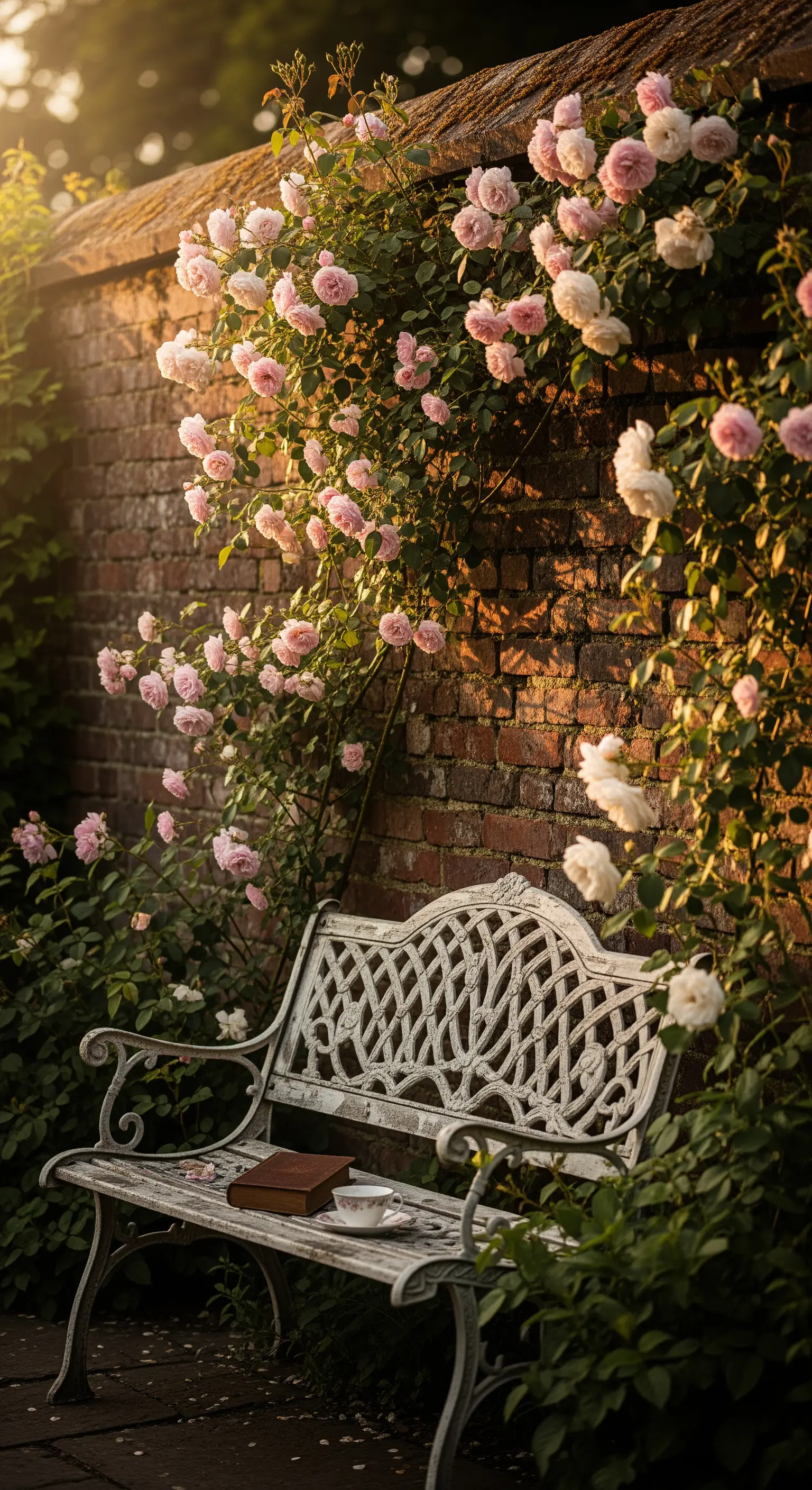 Romantische weiße Gartenbank vor einer Backsteinmauer mit Kletterrosen