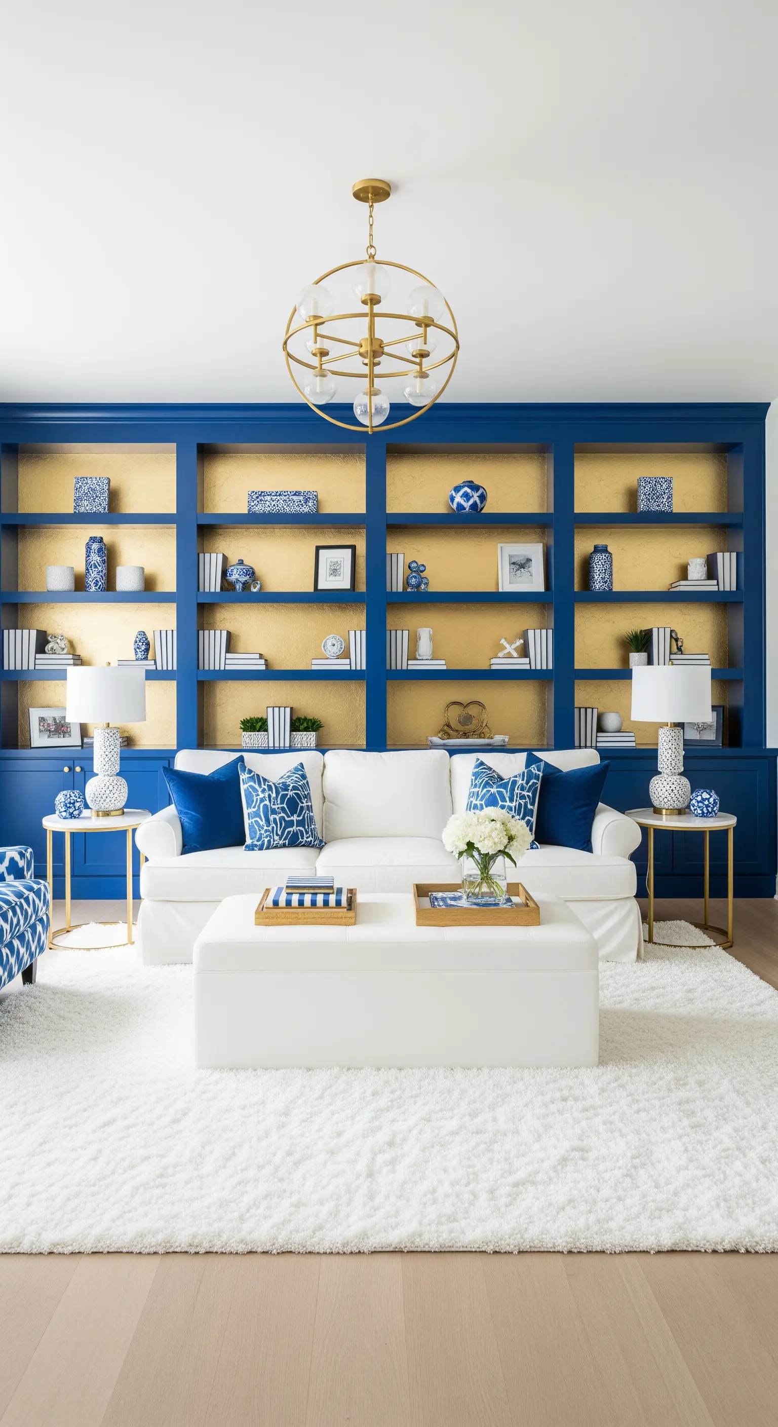 Einbauregal in Marineblau, dessen Nischen mit einer goldenen Rückwand versehen sind.