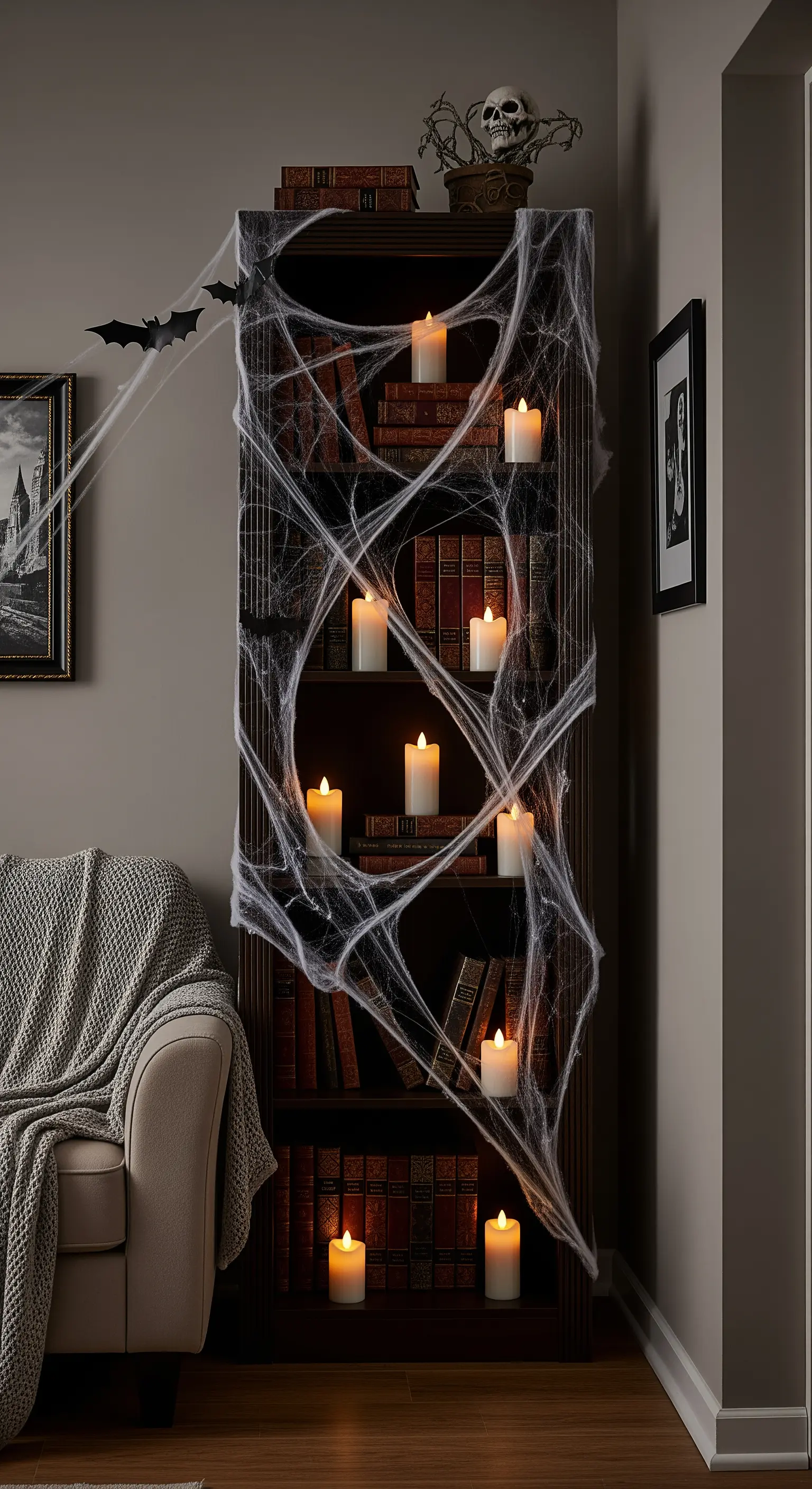 Ein Bücherregal, das komplett mit Spinnweben und LED-Kerzen dekoriert ist.