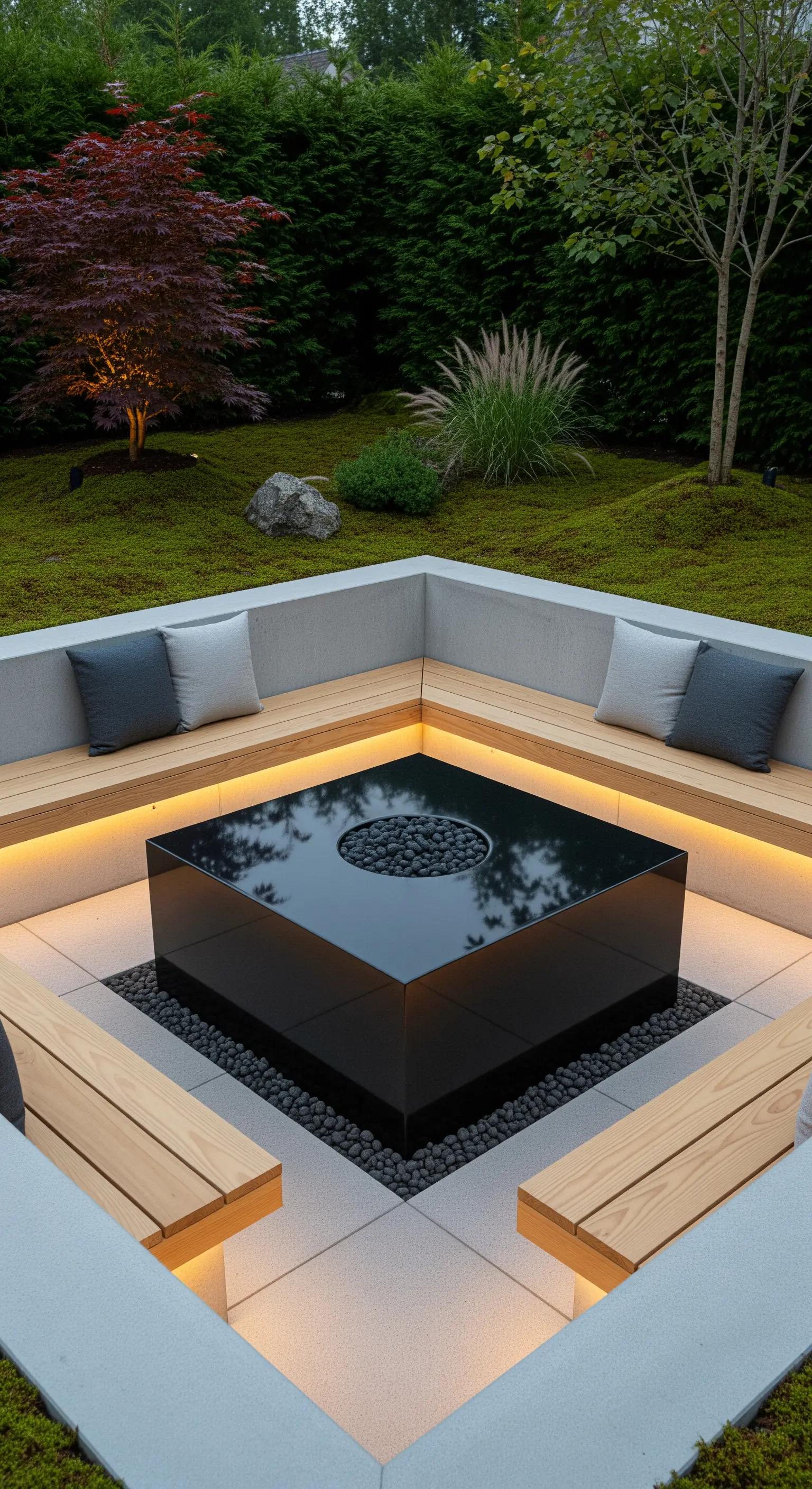 Versenkte Lounge aus Beton und Holz mit einem zentralen schwarzen Feuer-Tisch und LED-Beleuchtung.